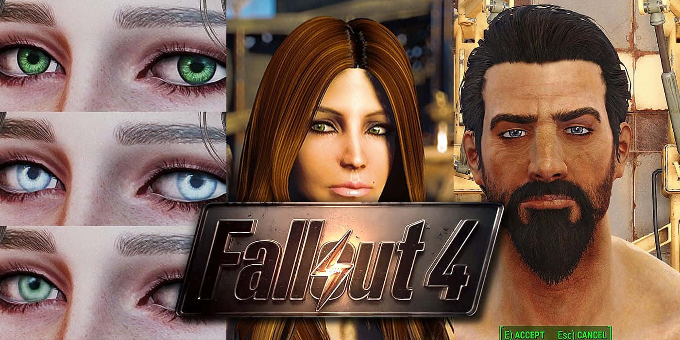 Fallout Characters 桌布 壁紙 — Fallout 4 遊戲封面，特寫綠色和藍色眼睛，以及兩個具有細緻面部紋理的角色。