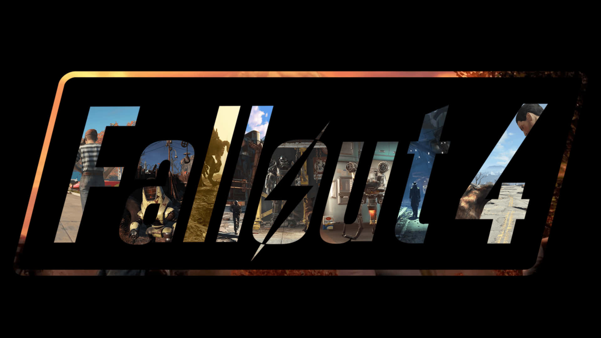 Fallout 4 遊戲標誌，透過字母鏤空可見廢土和未來主義室內場景。