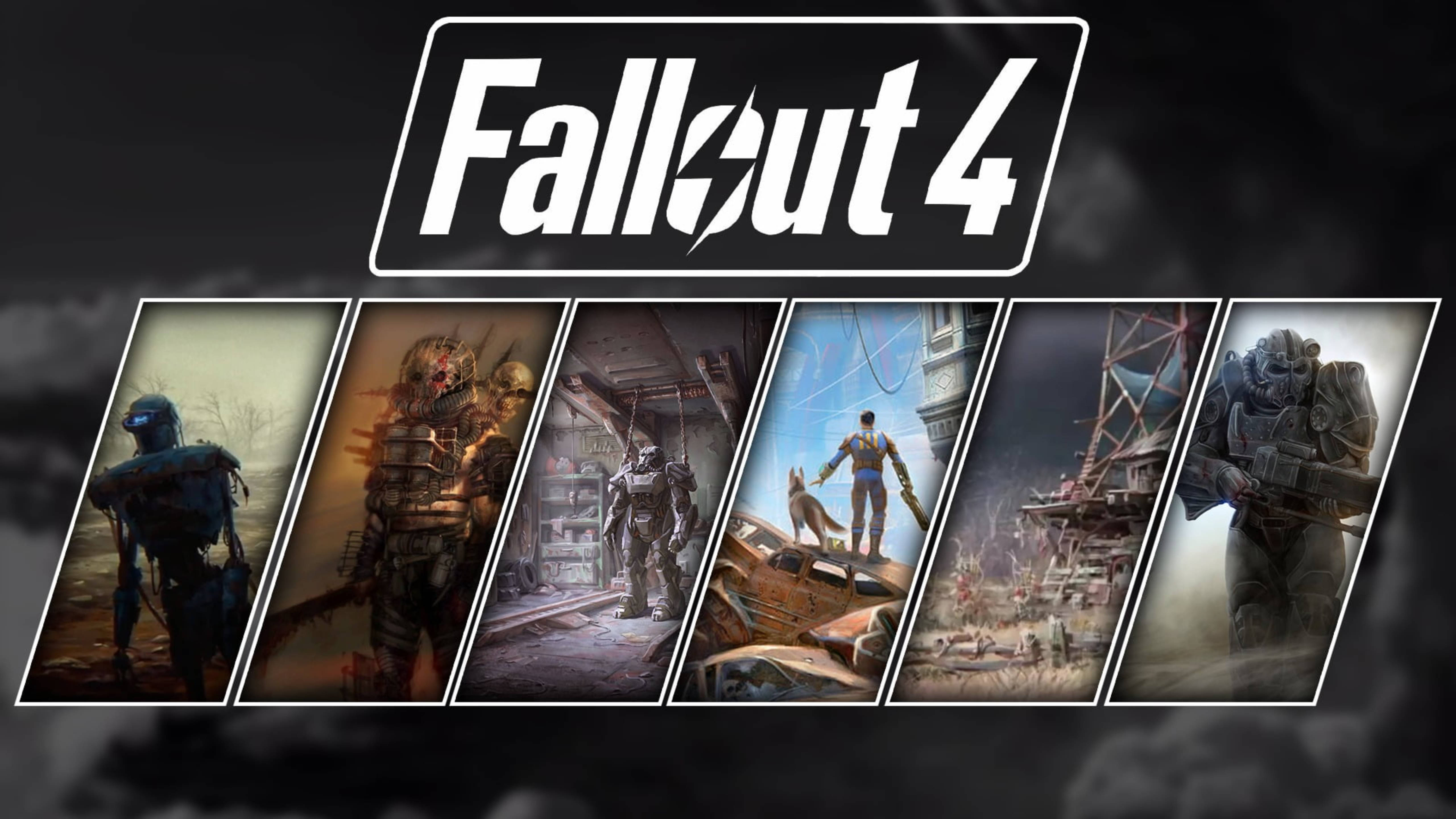 Fallout 4 桌布 壁紙 — Fallout 4 遊戲標誌，附有六個角色藝術面板，展示後末日荒原場景。
