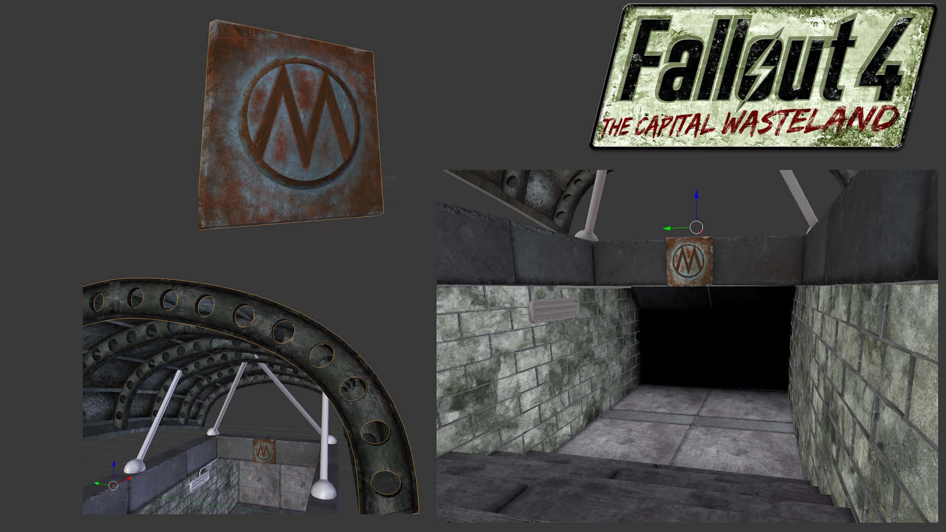 Fallout 4 The Capital Wasteland 桌布 壁紙 — 《Fallout 4》遊戲環境，展示生鏽的保險庫門、'M' 標誌牌匾，以及通往黑暗的石牆隧道。