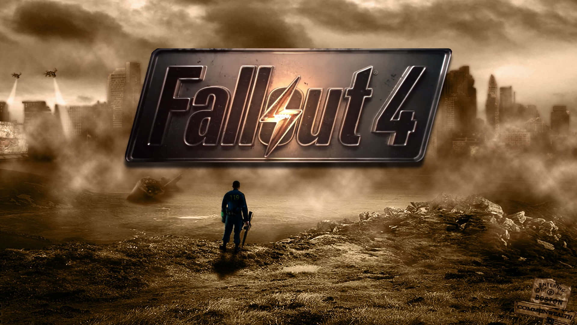 一個孤獨的身影在廢土上凝視著 Fallout 4 標誌，背景是廢棄的城市建築。