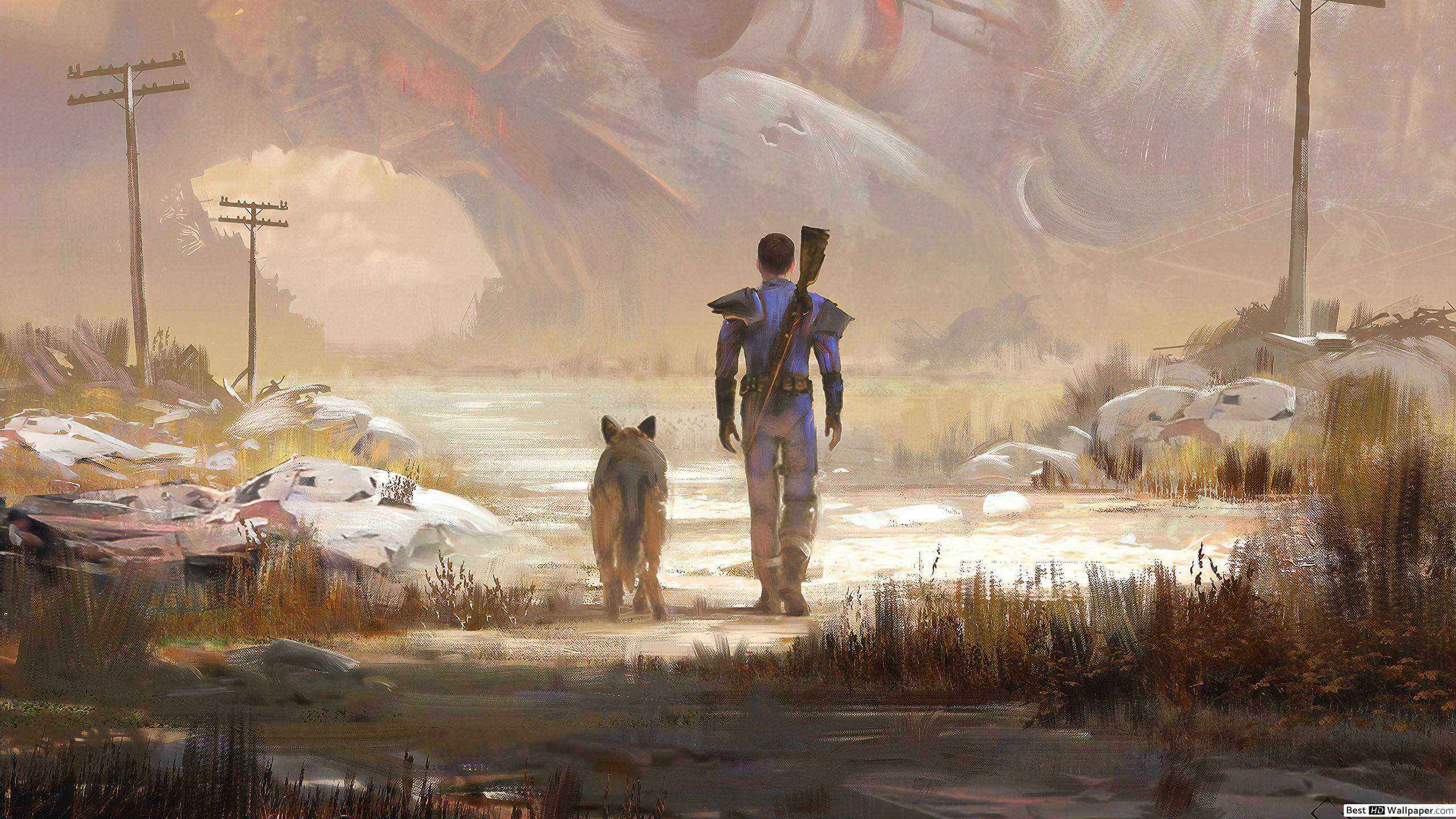 Fallout 76 — 男人與忠犬畫作 壁紙 — 一個孤獨的裝甲人物和一隻狼在荒涼的廢土上行走，周圍有廢棄的汽車和高聳的廢墟，天空朦朧。