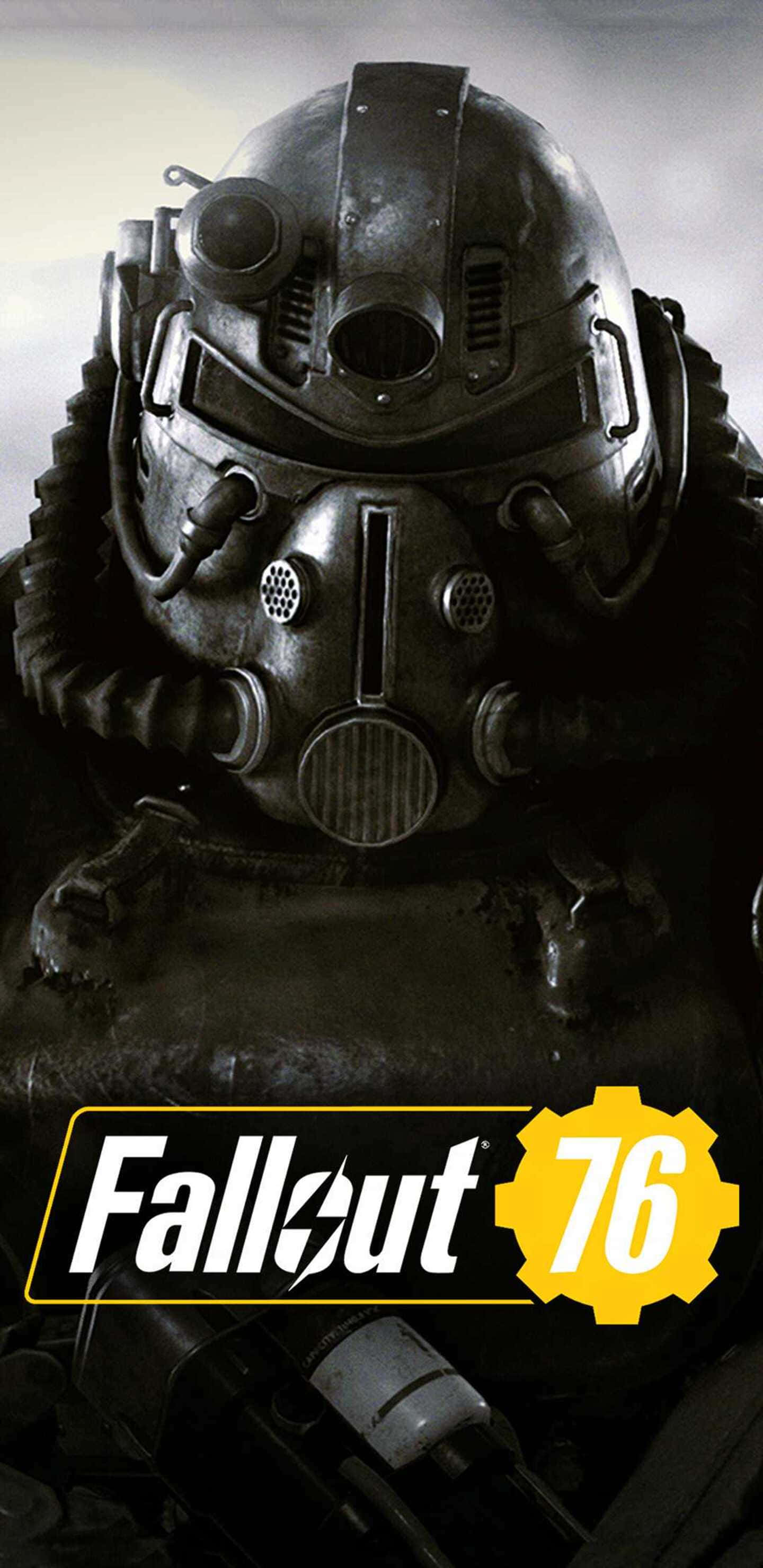 Fallout 76 登陸 Google Pixel 3XL 壁紙 — Fallout 76 中一個風化動力裝甲頭盔的特寫，背景為柔和的灰色。