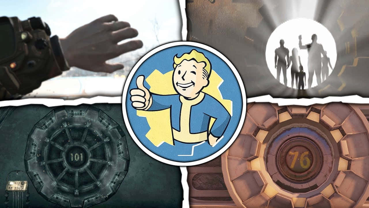  壁紙 — 以Fallout為主題的拼貼畫，包括Vault Boy標誌、避難所門號碼和剪影人物，背景為發光圓圈。