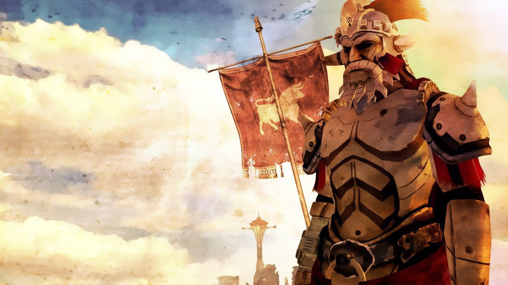 體驗 Fallout: New Vegas，加入凱撒部隊 壁紙 — 一個重甲戰士手持公牛徽章旗幟，站在多雲的天空下，遠處有一座塔。