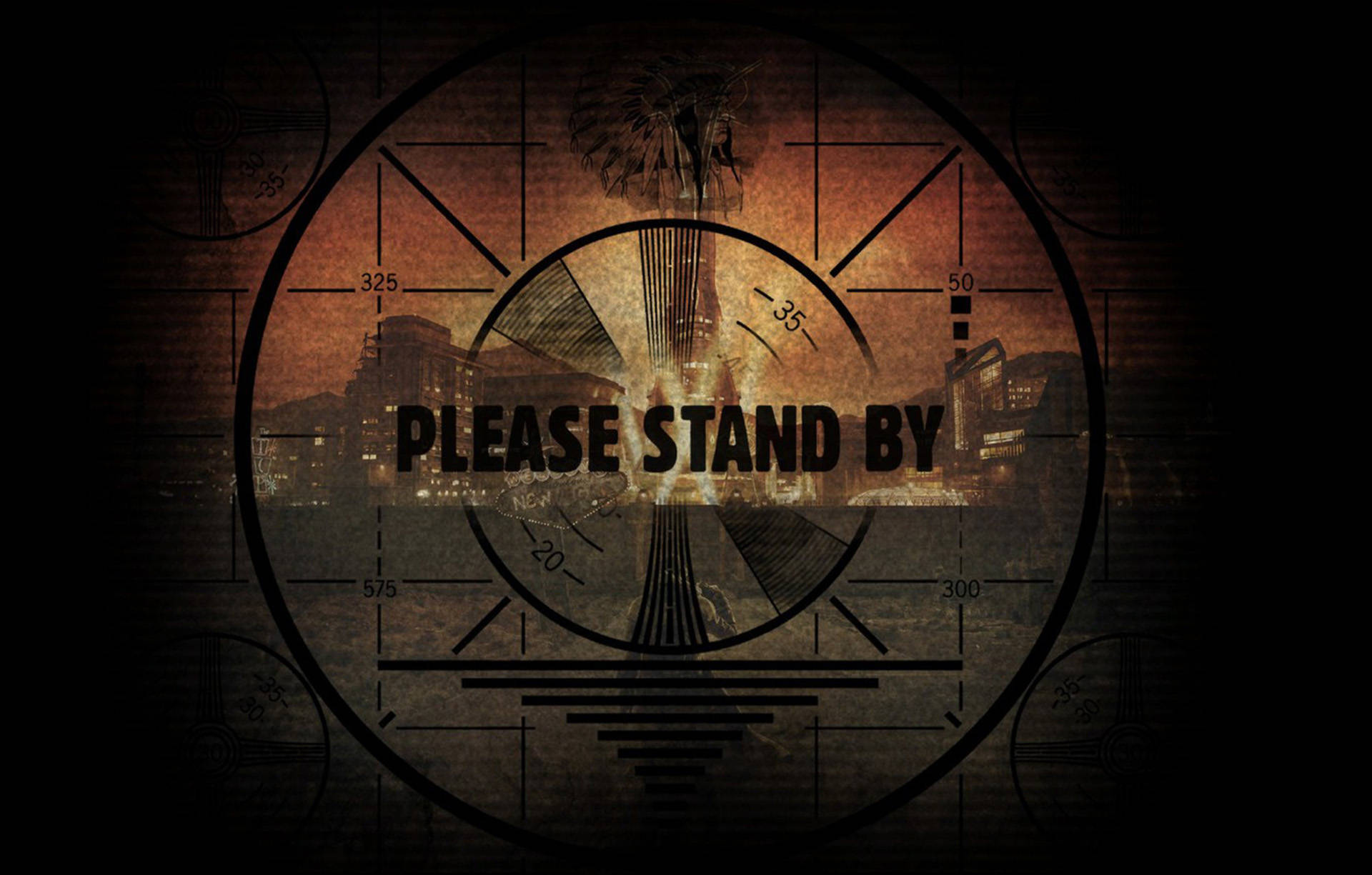 《Fallout: New Vegas》請稍候圖像 壁紙 — 一個復古雷達顯示器在深色紋理背景上顯示發光的城市景觀，並帶有「PLEASE STAND BY」文字。