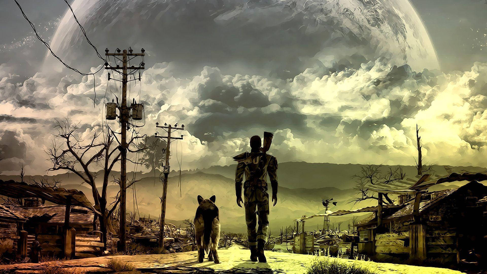 《Fallout》的廢土 壁紙 — 一個孤獨的士兵和狗在一個荒涼的末世後村莊中行走，天空中懸掛著一顆巨大的行星。