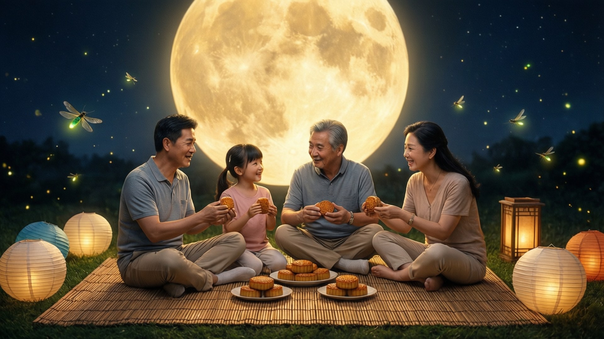 中秋佳節家人團聚賞月，手持月餅與花燈，共度歡樂時光。