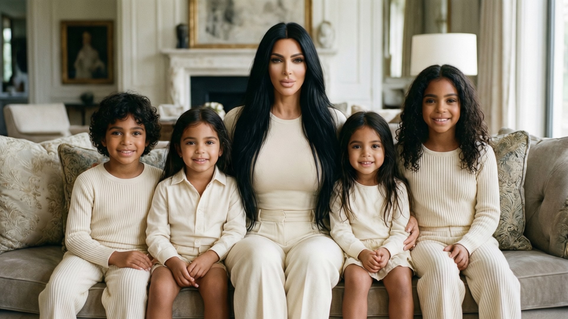 Kim Kardashian 和她的四個孩子一起坐在豪華客廳的米色沙發上。