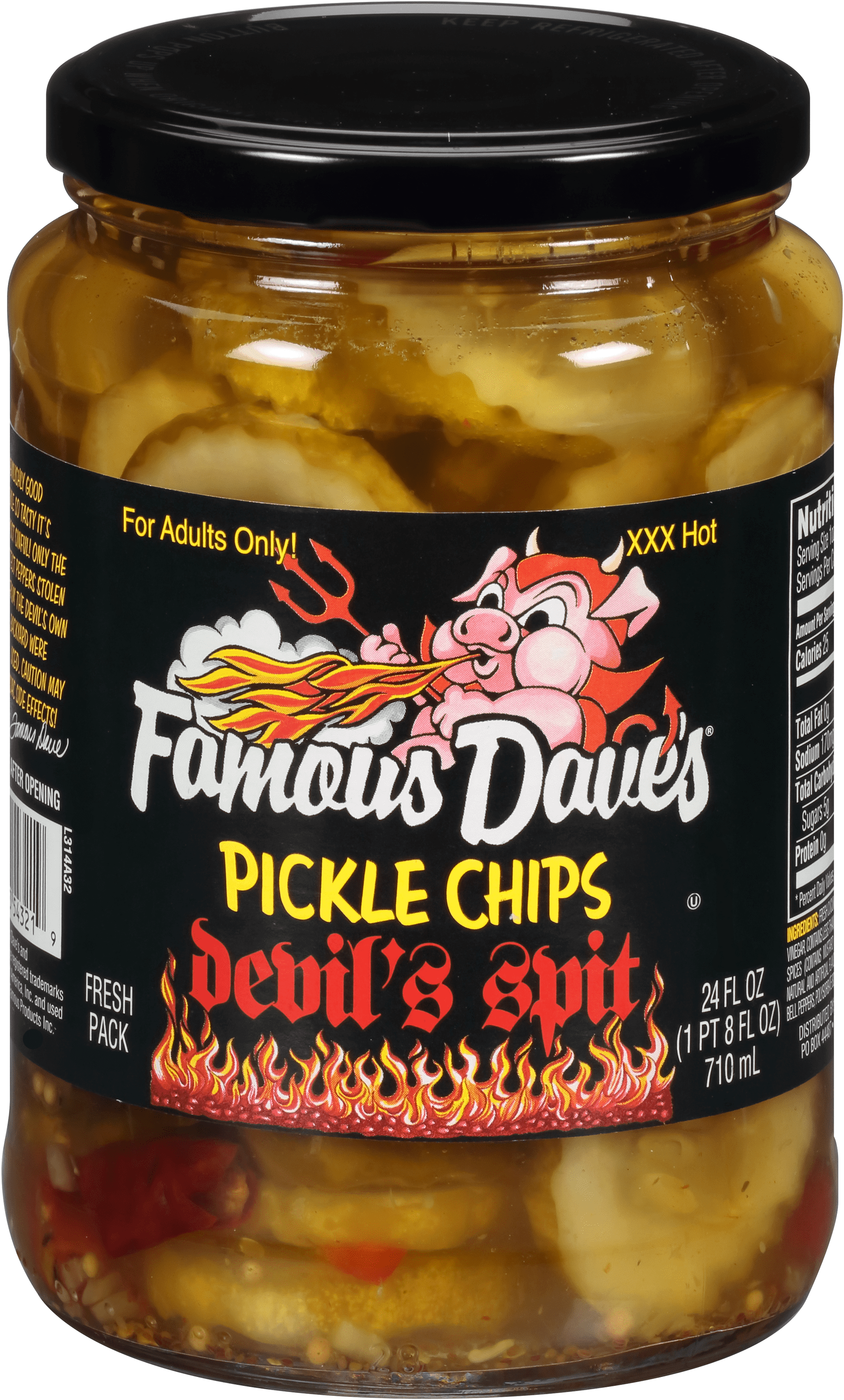 Famous Dave's 魔鬼吐息醃漬薯片 壁紙 — 一罐在黑暗燈光下發光的火熱魔鬼口水醃製薯片，標籤上有卡通魔鬼標誌。