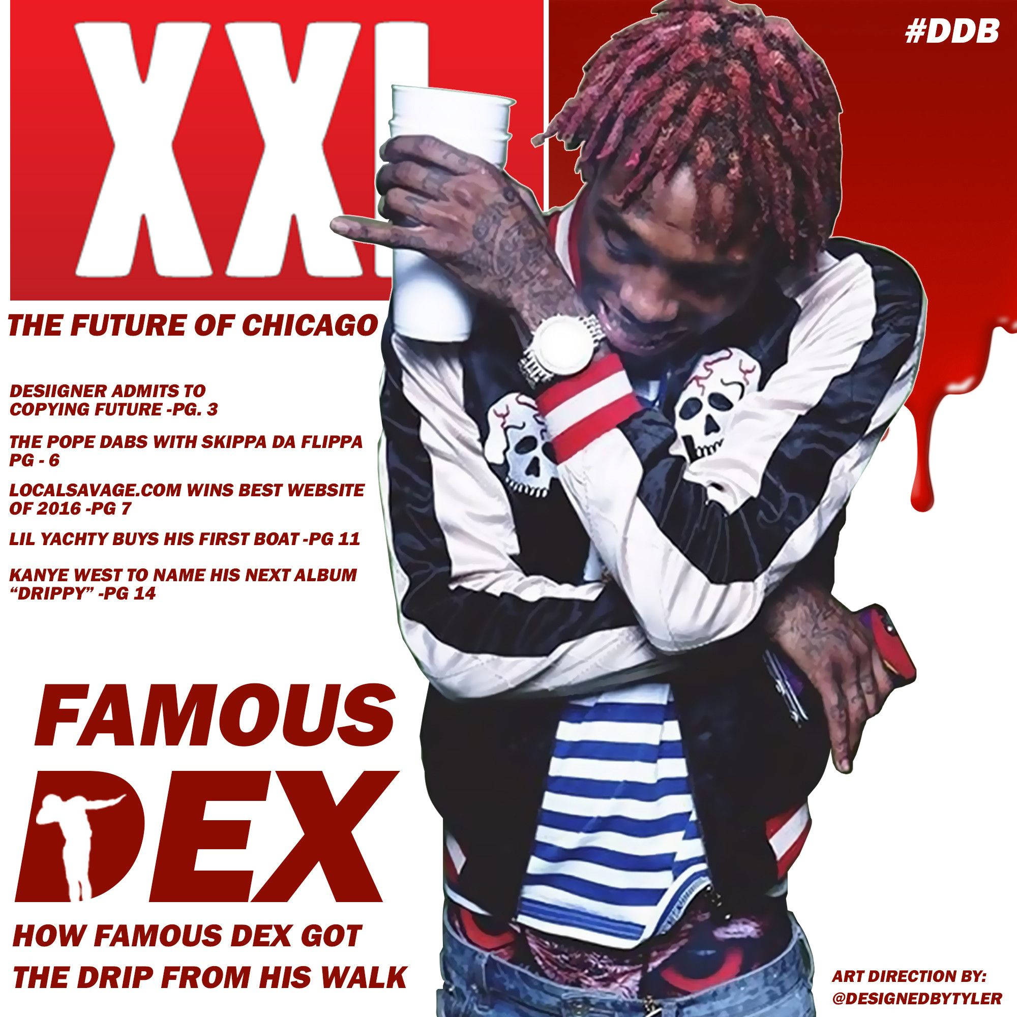 Famous Dex 滴落風格專輯封面 壁紙 — 一個風格化的雜誌封面，上面有一個紅色辮子頭的男人拿著杯子，背景是醒目的紅色和白色，帶有文字標題。