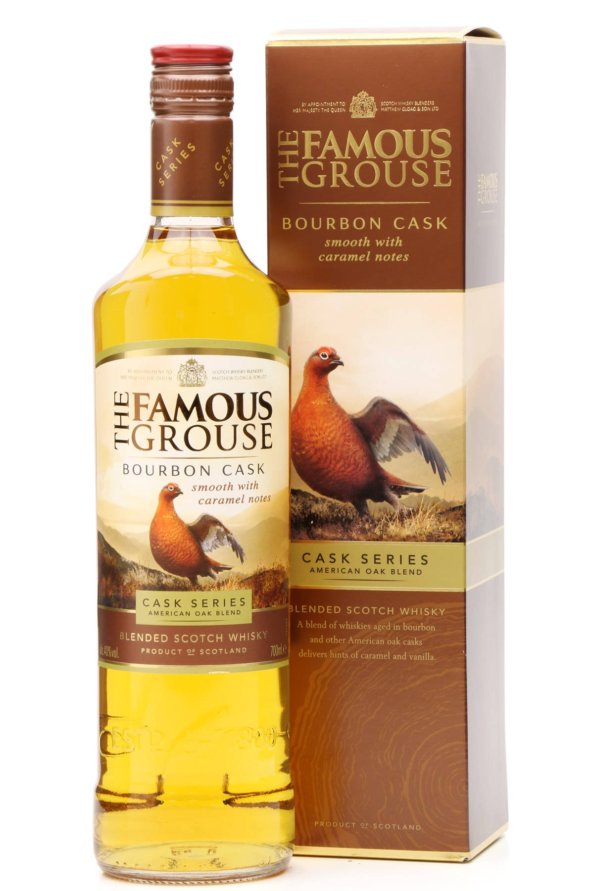 The Famous Grouse Bourbon Cask威士忌的瓶子和盒子，帶有松雞插圖。
