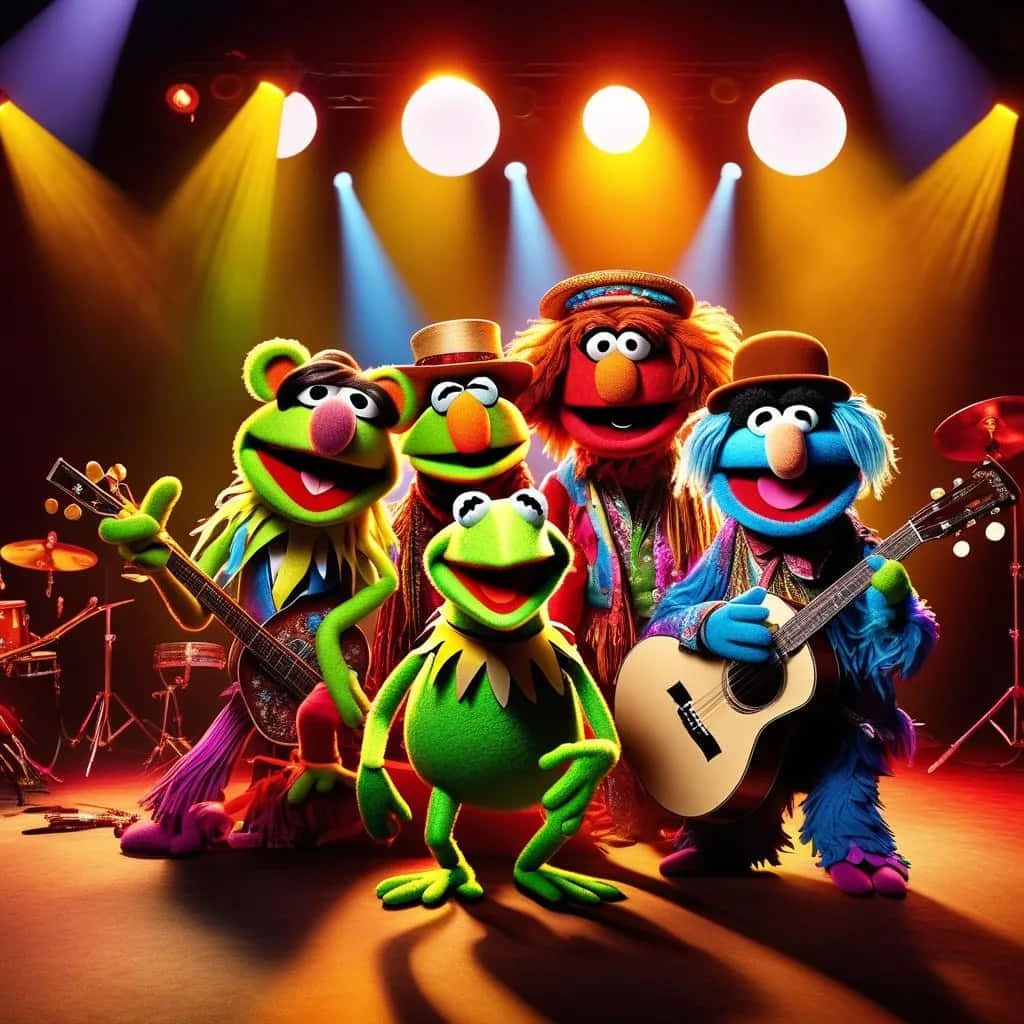  壁紙 — 著名嘅Muppet角色喺色彩繽紛嘅聚光燈下，喺燈光璀璨嘅音樂會舞台上充滿活力咁表演。