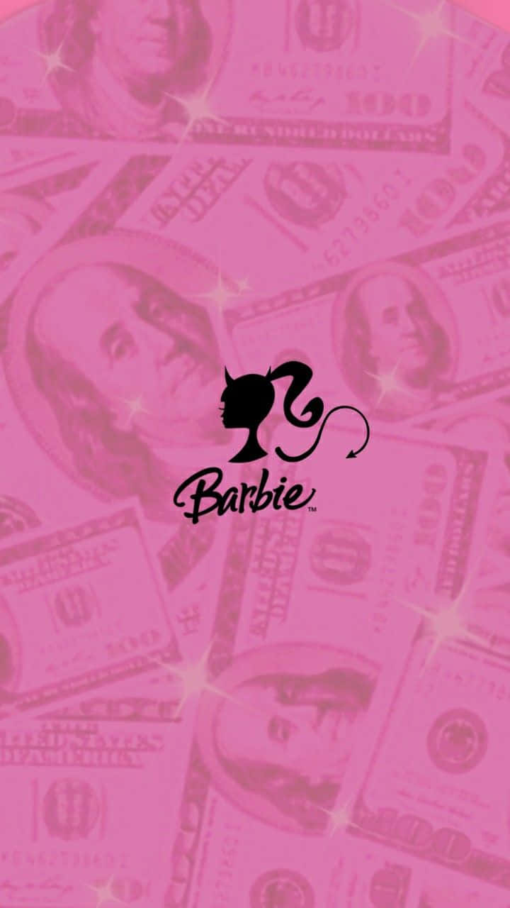  壁紙 — 粉紅色調的美元鈔票在帶有貓耳和尾巴的黑色 Barbie 標誌下閃閃發光。