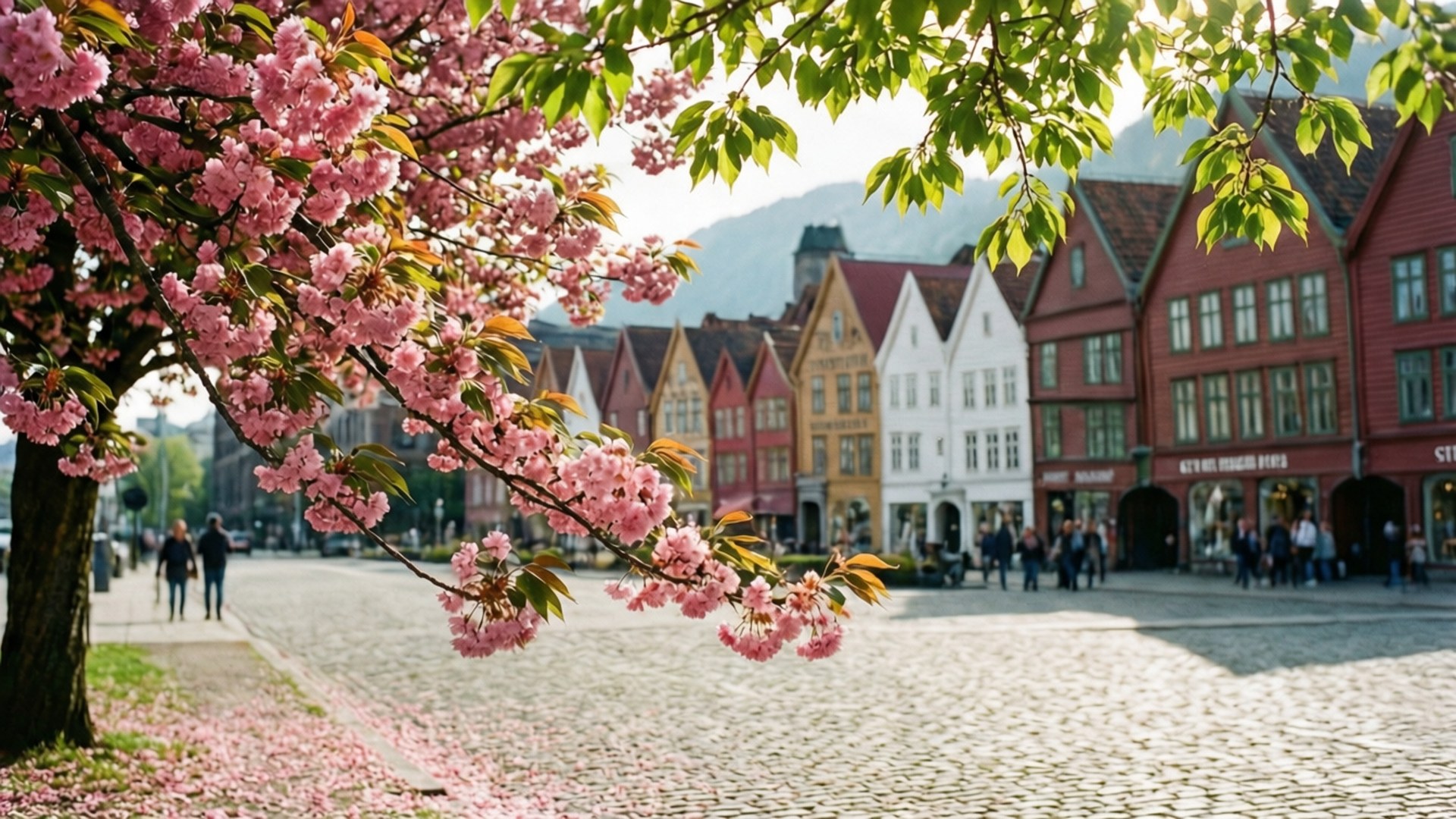 Bryggen 桌布 壁紙 — 粉紅色的櫻花框住一條鵝卵石街道，兩旁是色彩繽紛的歷史建築，在柔和日光下。