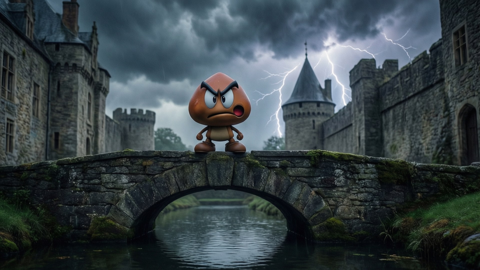 Goomba 桌布 壁紙 — 一個憤怒嘅Goomba企喺生滿青苔嘅石橋上，閃電喺哥德式城堡後面劃過暴風雨嘅天空。