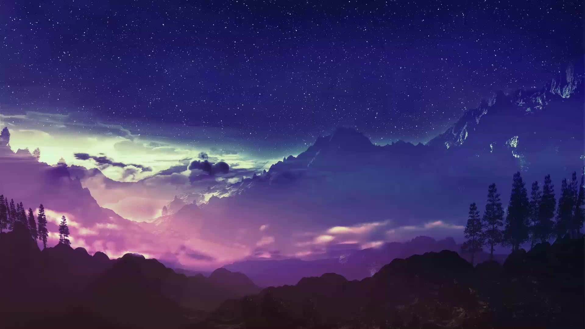  壁紙 — 繁星點點的夜空，紫色和綠色的極光照亮了山脈和松樹的剪影。