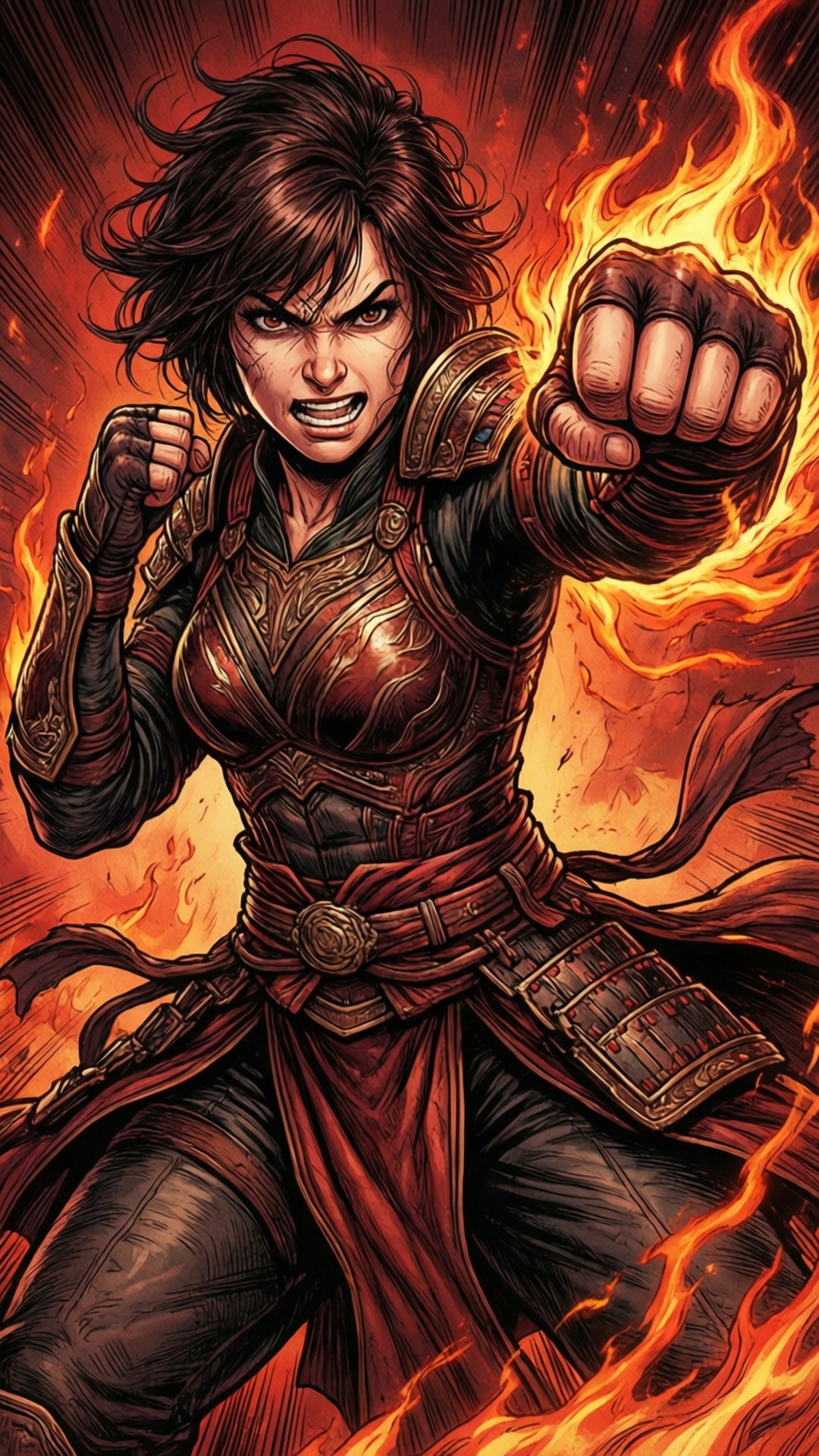 一位身穿精細盔甲的女戰士被火焰包圍向前揮拳。