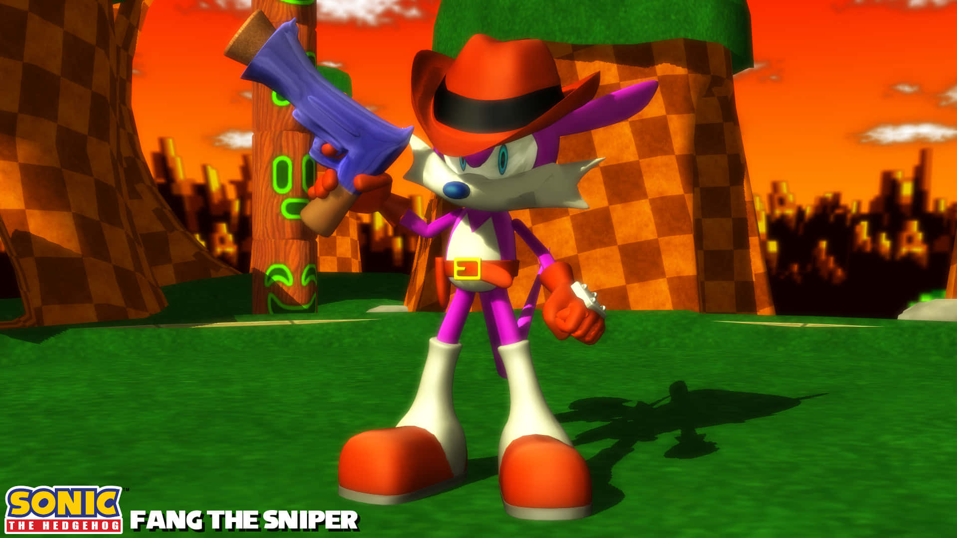Fang The Sniper 桌布 壁紙 — Fang the Sniper 來自《超音鼠》站在格子峽谷中，在橙色夕陽天空下拿著紫色步槍。
