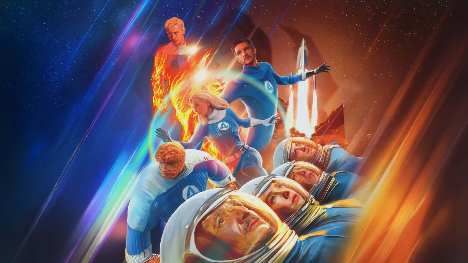  壁紙 — 神奇四俠英雄以動感姿勢展現宇宙能量和火焰效果，背景是繁星點點的太空。
