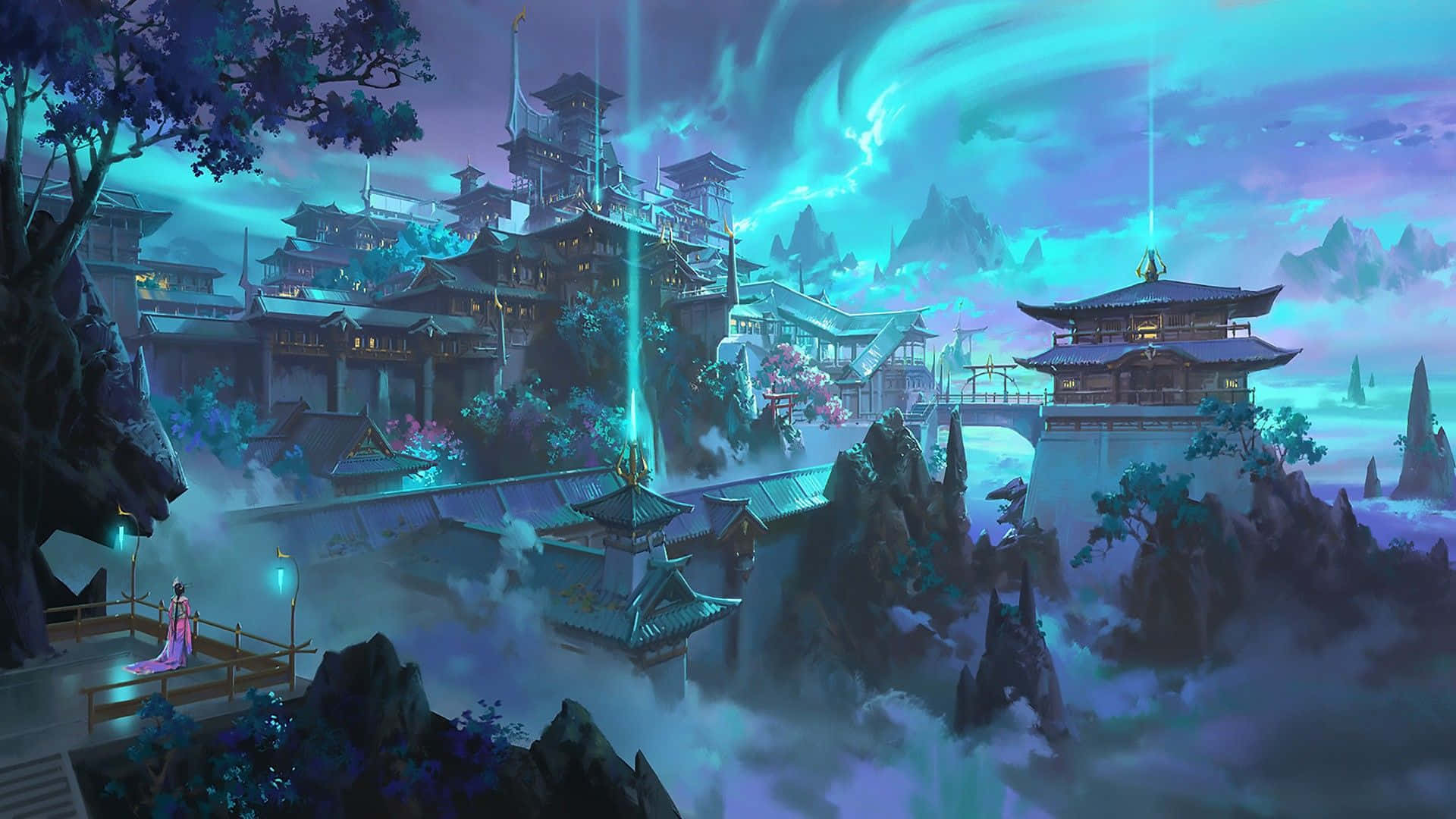 一座發光的浮空城市，有寶塔和一個孤獨的身影站在橋上，周圍是霧氣繚繞的山巒。