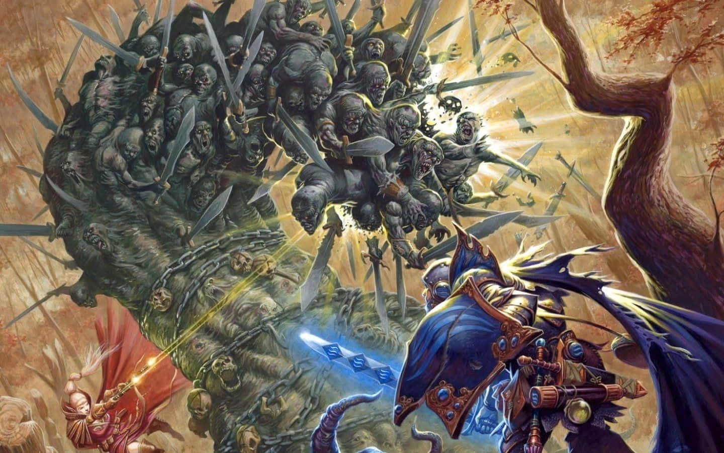 Dungeon 桌布 壁紙 — 一個奇幻戰鬥場景，身穿鎧甲的戰士與揮舞劍和發光能量的多肢怪物戰鬥。