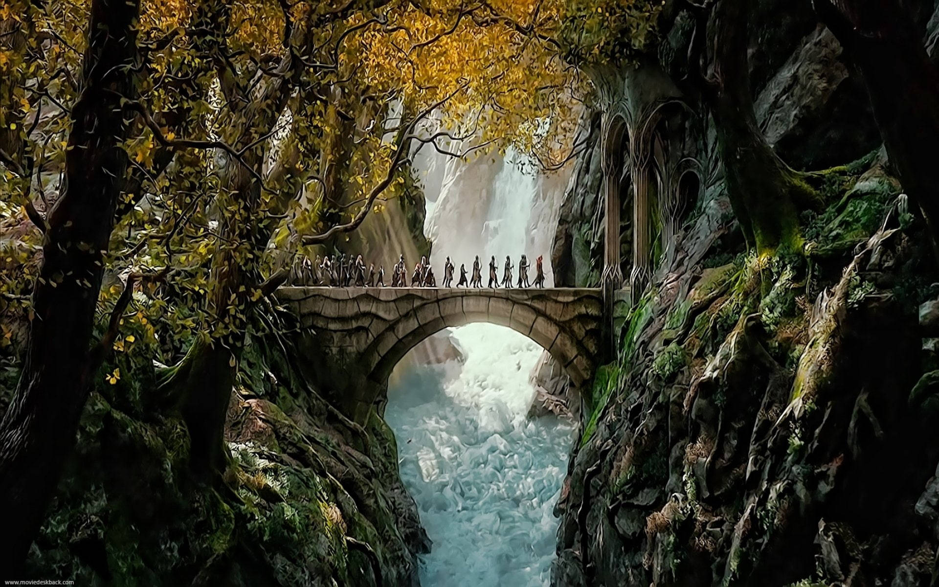 旅人在神秘森林中跨越瀑布上的石橋。