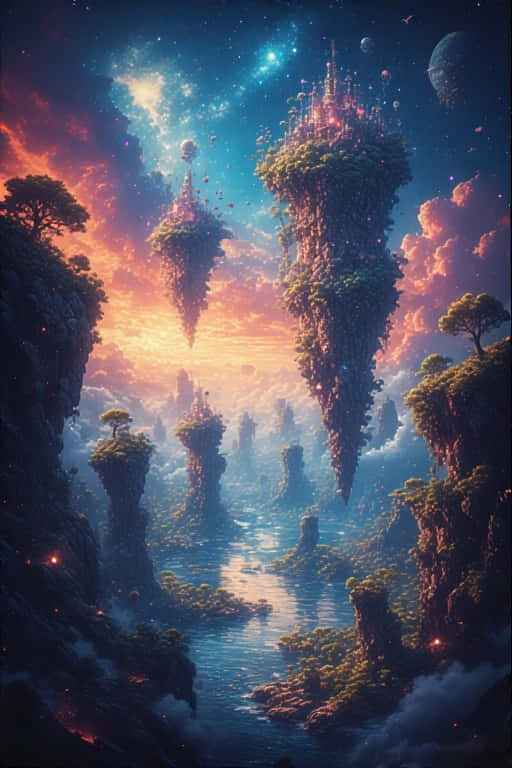 浮島上有樹木和發光的燈光，在河流上空，下方是色彩繽紛的天空，有行星和星星。