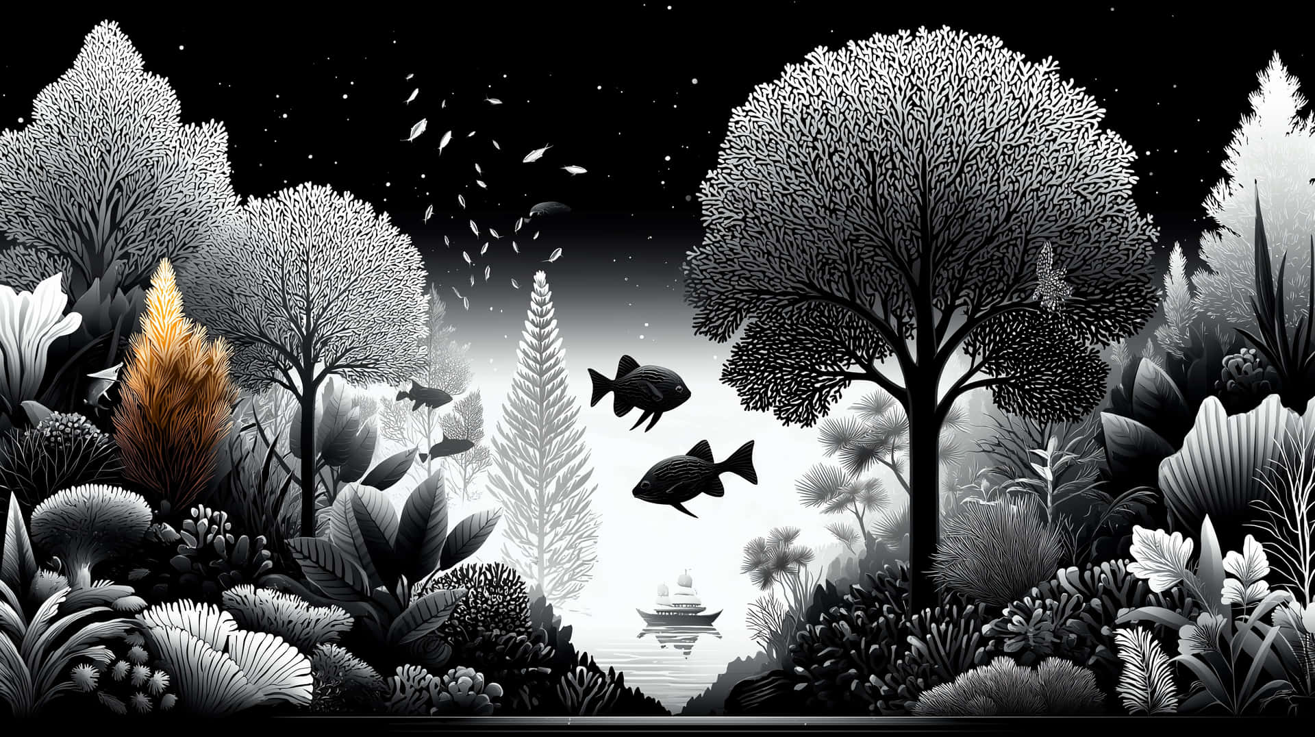 黑白森林，有樹木、魚和船，在星空下