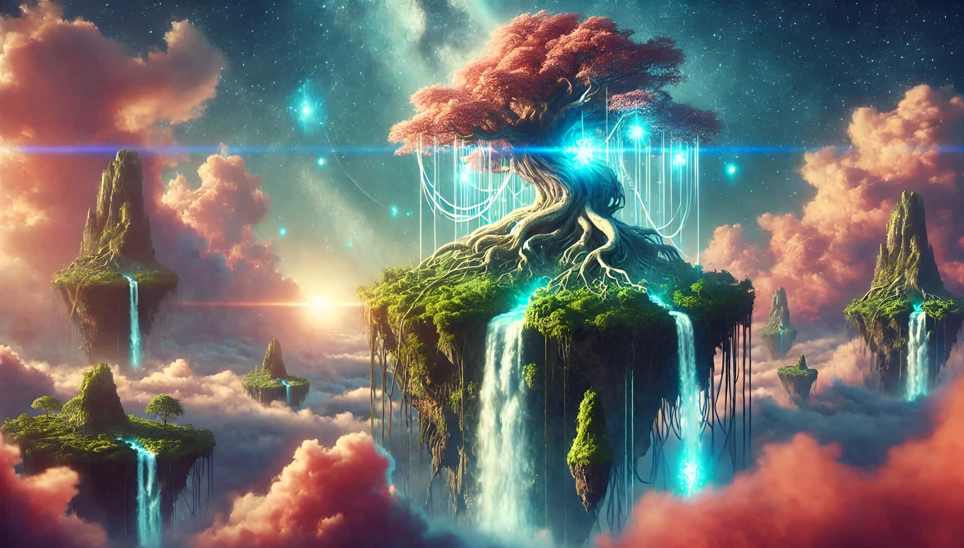 一棵發光樹在浮島上，有瀑布和雲層，星空下。