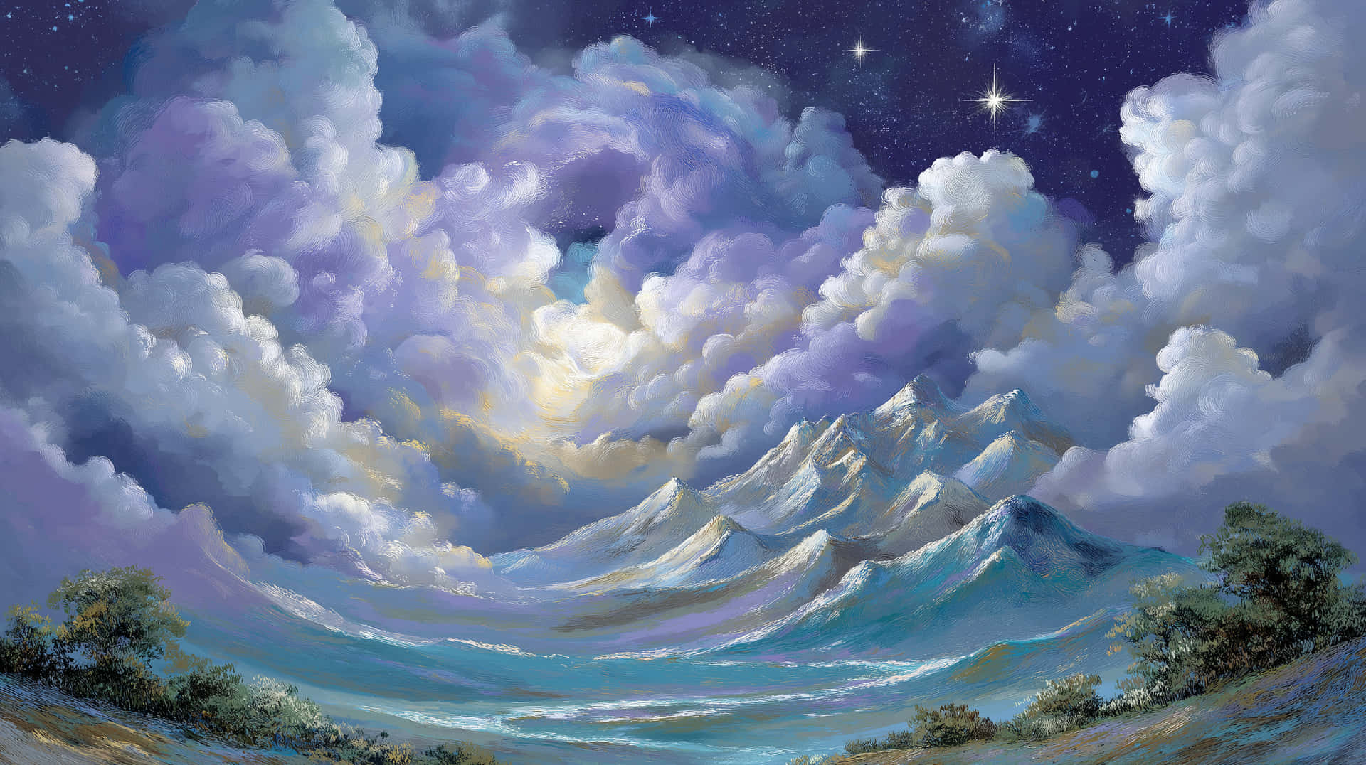 在繁星點點的夜空下，積雪的山峰，伴隨著紫色雲彩