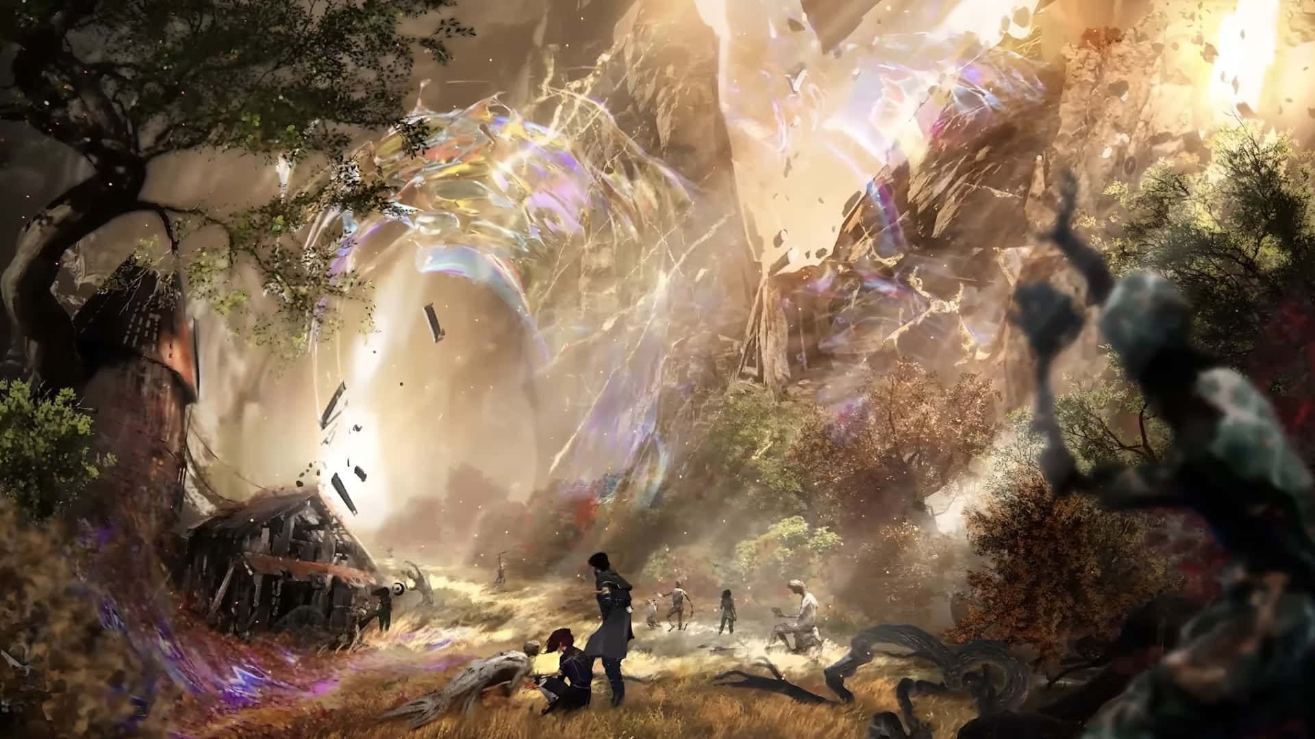  壁紙 — 一個奇幻場景，小人站在森林中一個巨大的發光裂縫前，周圍環繞著廢墟和魔法能量。