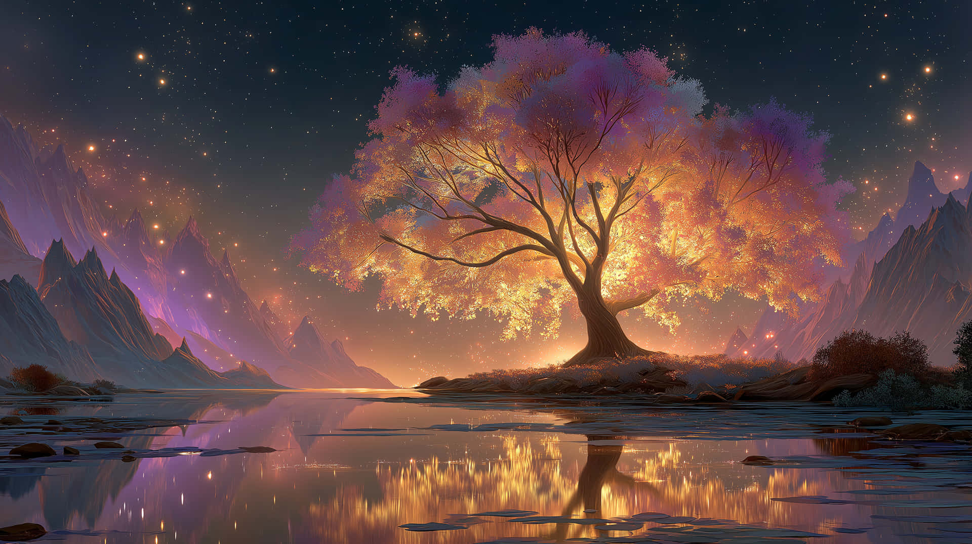 發光的樹在平靜的河水中倒映，星空下紫色山脈