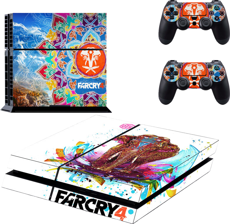 《Far Cry 4》PlayStation主機與控制器客製化外殼 壁紙 — 充滿活力的 Far Cry 4 主題 PlayStation 4 主機和控制器皮膚，具有色彩繽紛的部落圖案和動態大象藝術品。