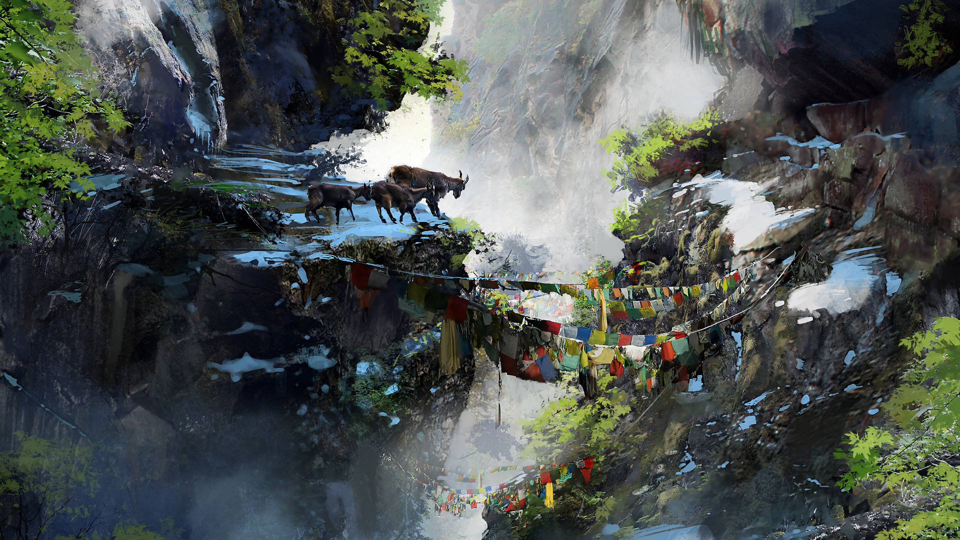 Far Cry 4 山羊群 壁紙 — 一道壯麗的瀑布穿過霧氣瀰漫的山峽，氂牛在色彩鮮豔的經幡下踏著雪路前行。