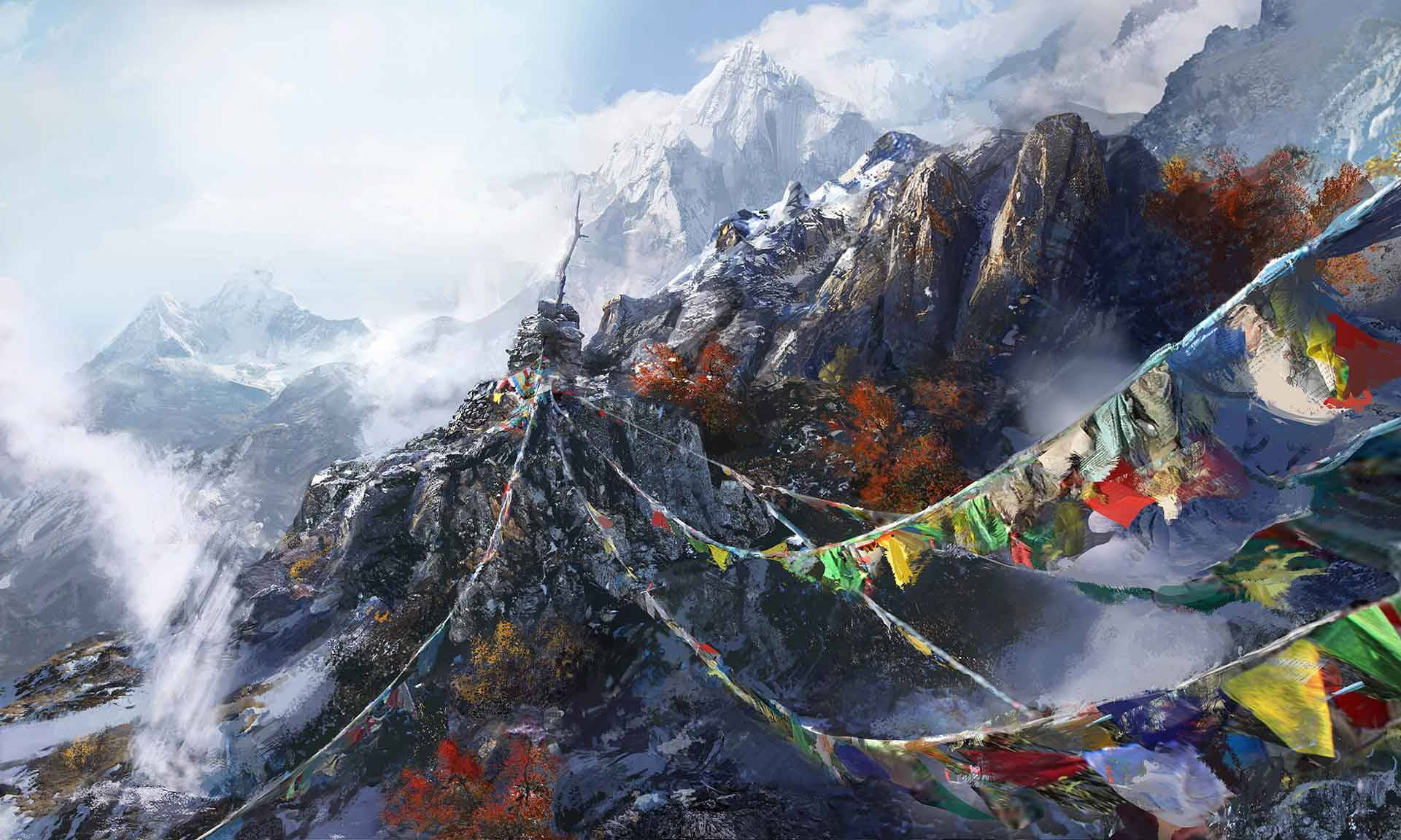 經幡在白雪覆蓋的山頂上，伴隨著秋天的樹木和遠處的山峰。