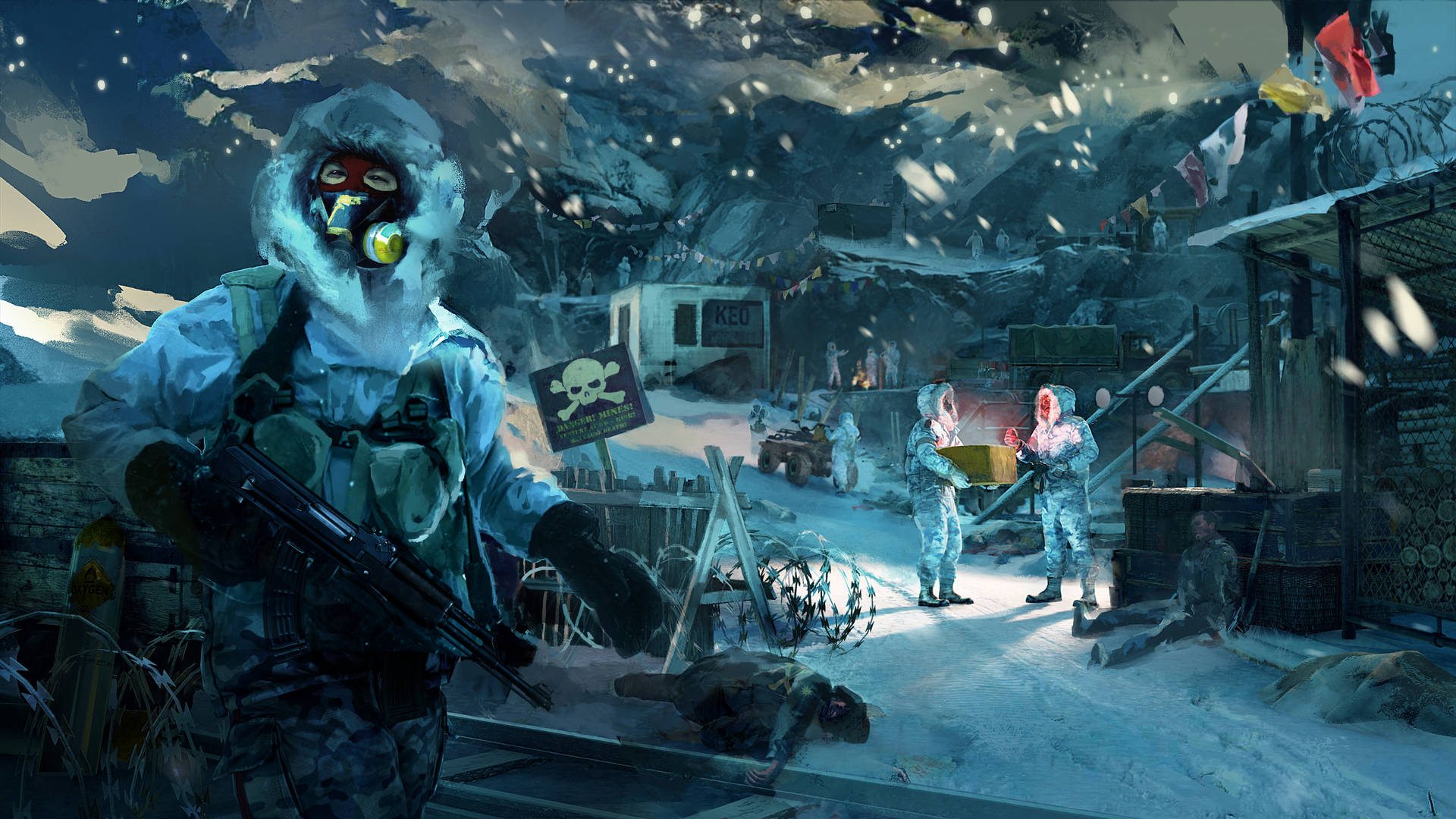 穿著冬季裝備的士兵巡邏一個積雪的軍事前哨，有鐵絲網和旗幟。