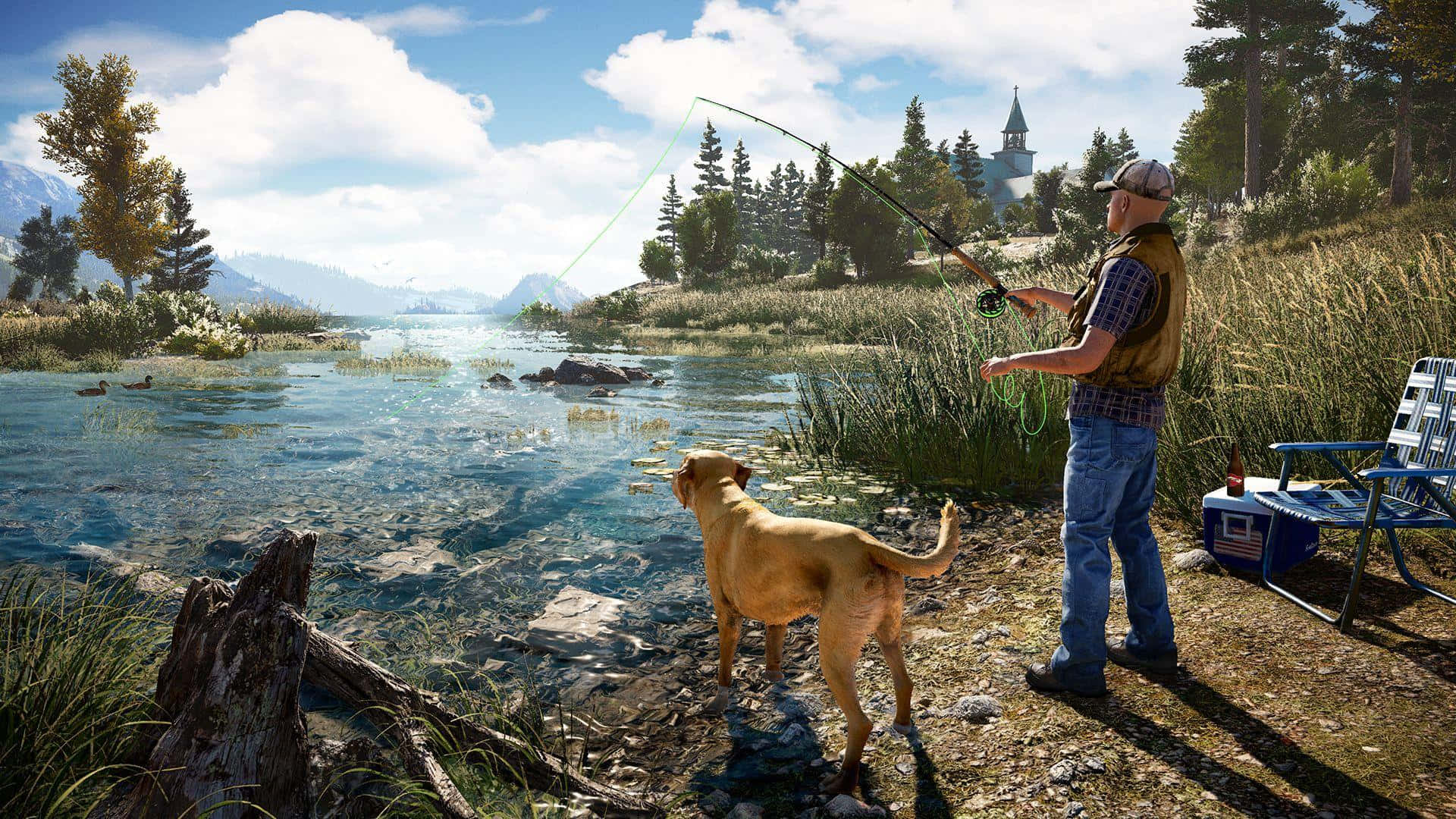 在《Far Cry 5》中擊敗邪教組織 壁紙 — 一名男子在陽光明媚的河岸上拋出魚線，他的狗專注地看著，鴨子在清澈的水中滑過。