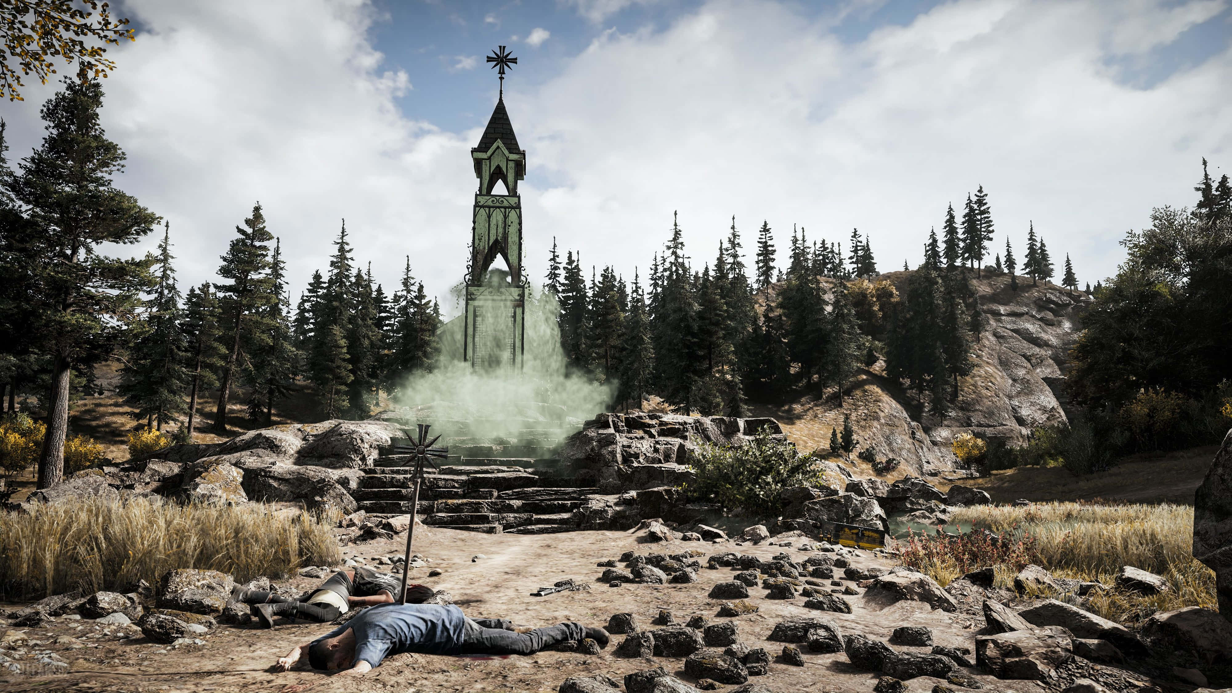 Far Cry 5 4K 超高清教堂 壁紙 — 在陰雲密布的天空下，崎嶇森林空地上的一座長滿青苔的石頭小教堂腳下，一個孤獨的身影一動不動地躺著。