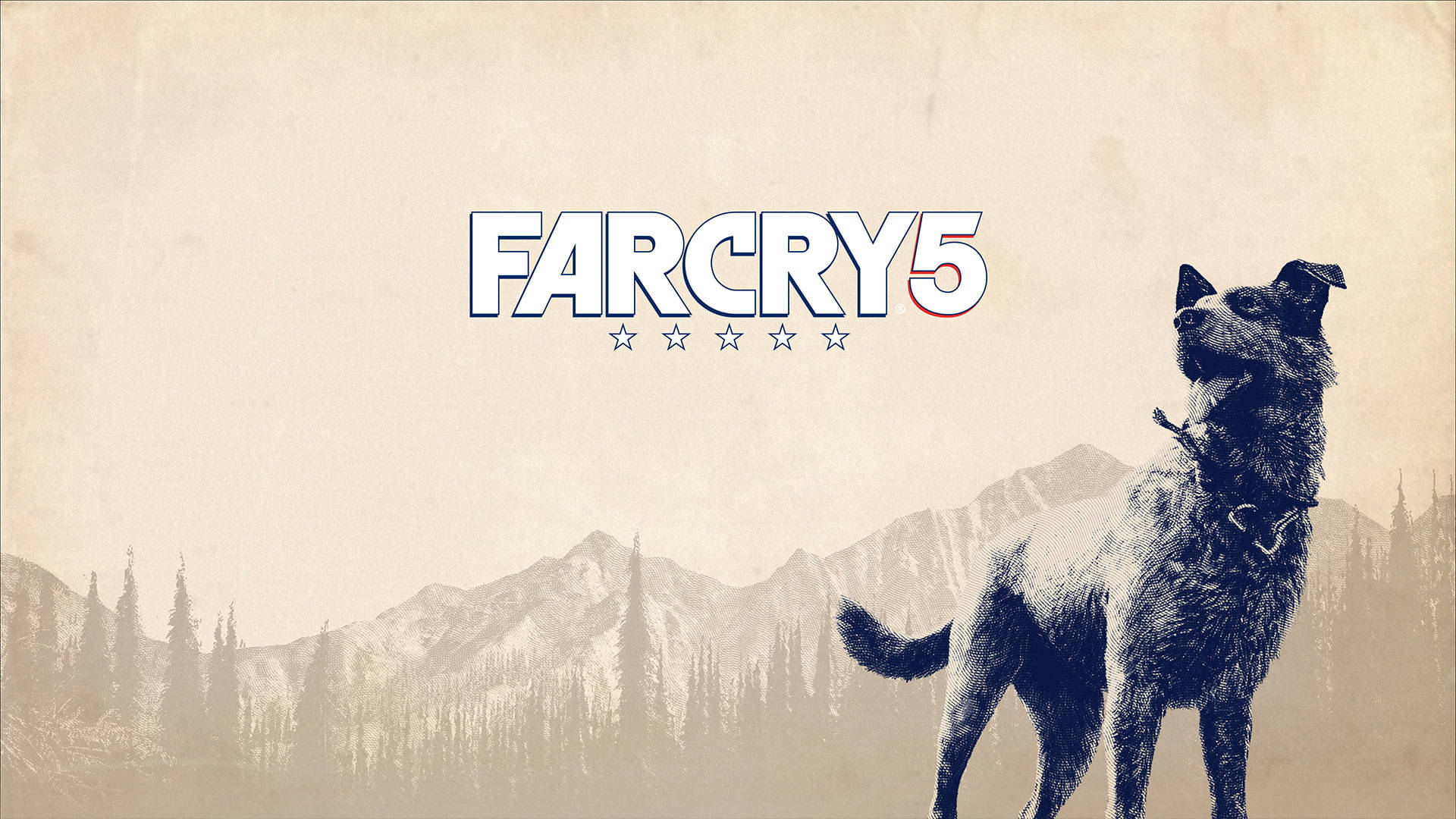 一隻狗在荒野山區中，帶有 Far Cry 5 遊戲標題。