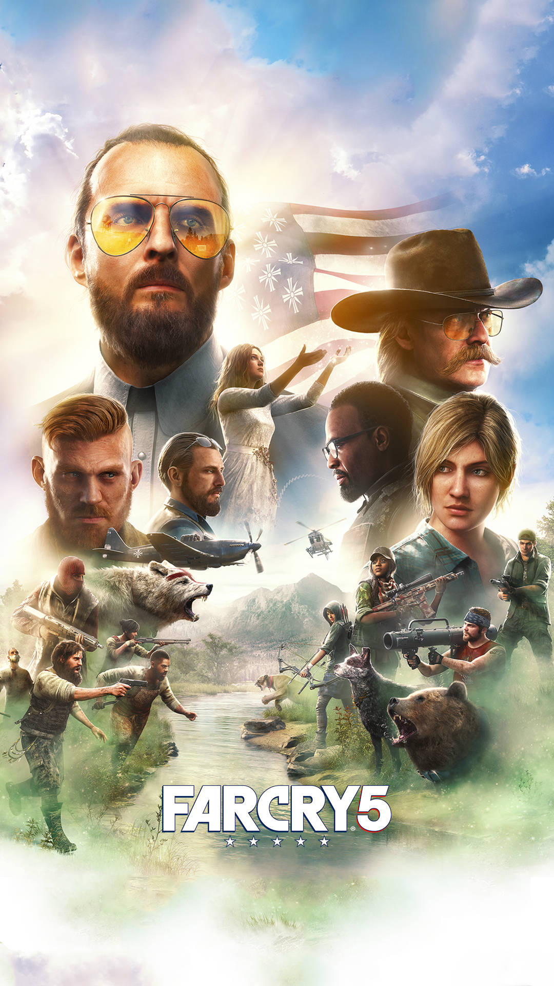 Far Cry 5 角色海報 iPhone 壁紙 — 一張 Far Cry 5 的動態遊戲海報，以明亮的天空為背景，展示多個角色擺出動作姿勢、熊、直升機和美國國旗。