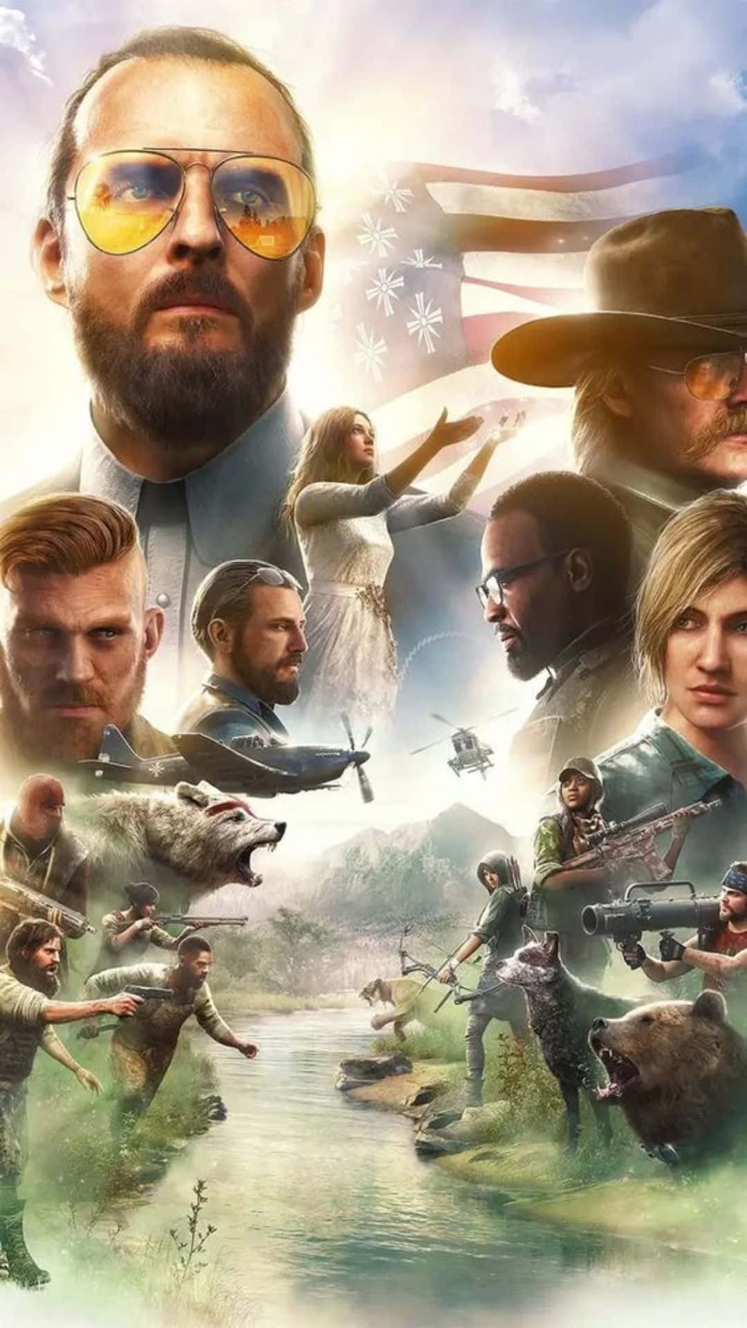 《Far Cry 5》——一場宏大的開放世界冒險 壁紙 — 一幅戲劇性的拼貼畫，描繪了崎嶇山野中的堅韌生存者和野生動物，並帶有美國國旗圖案。