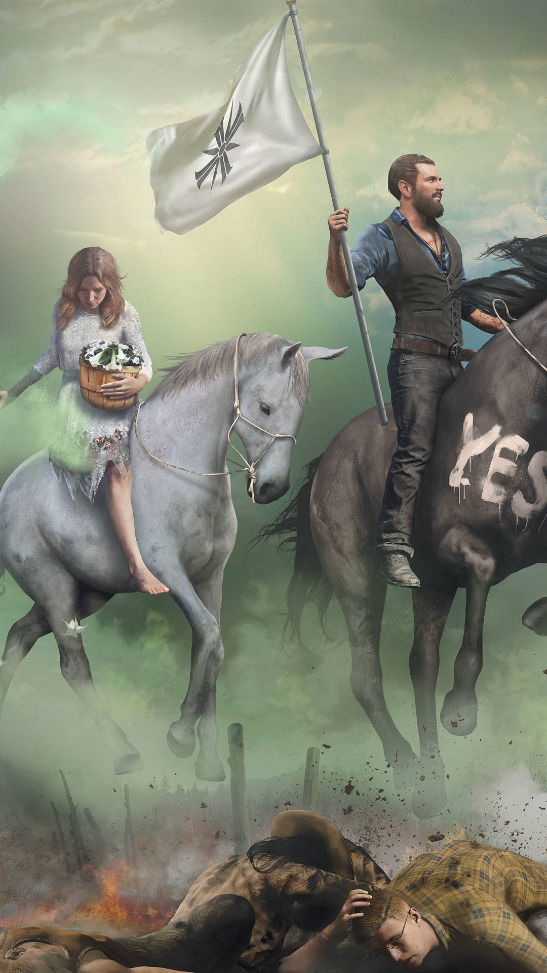 Far Cry 5 政治藝術 iPhone 壁紙 — 一名男子和女子騎馬穿過霧氣瀰漫的戰場，手持旗幟和花籃，下方躺著陣亡士兵。