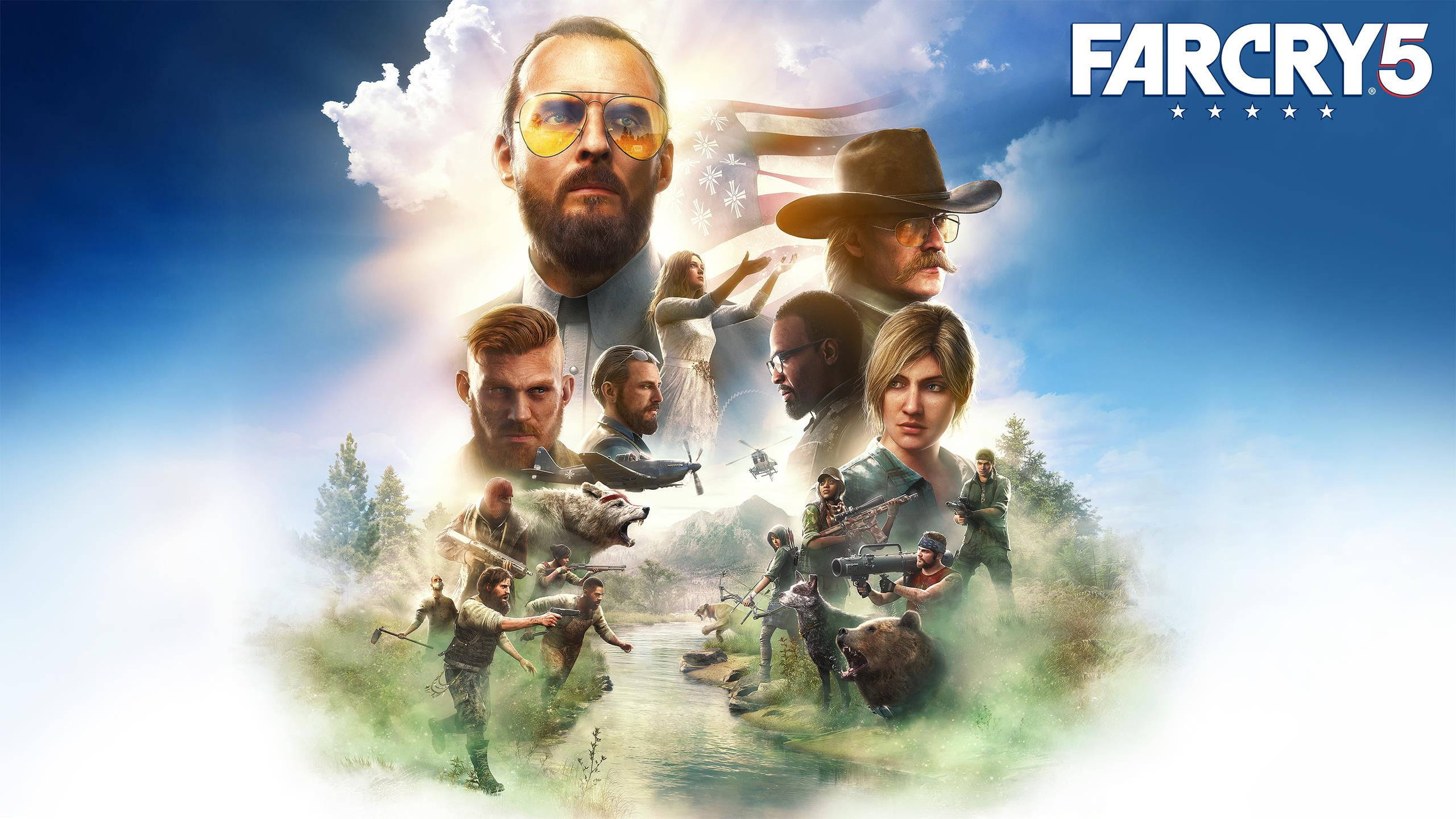 遊戲 桌布 壁紙 — Far Cry 5 角色的戲劇性拼貼畫，以明亮的藍天白雲和下方的河流為背景。