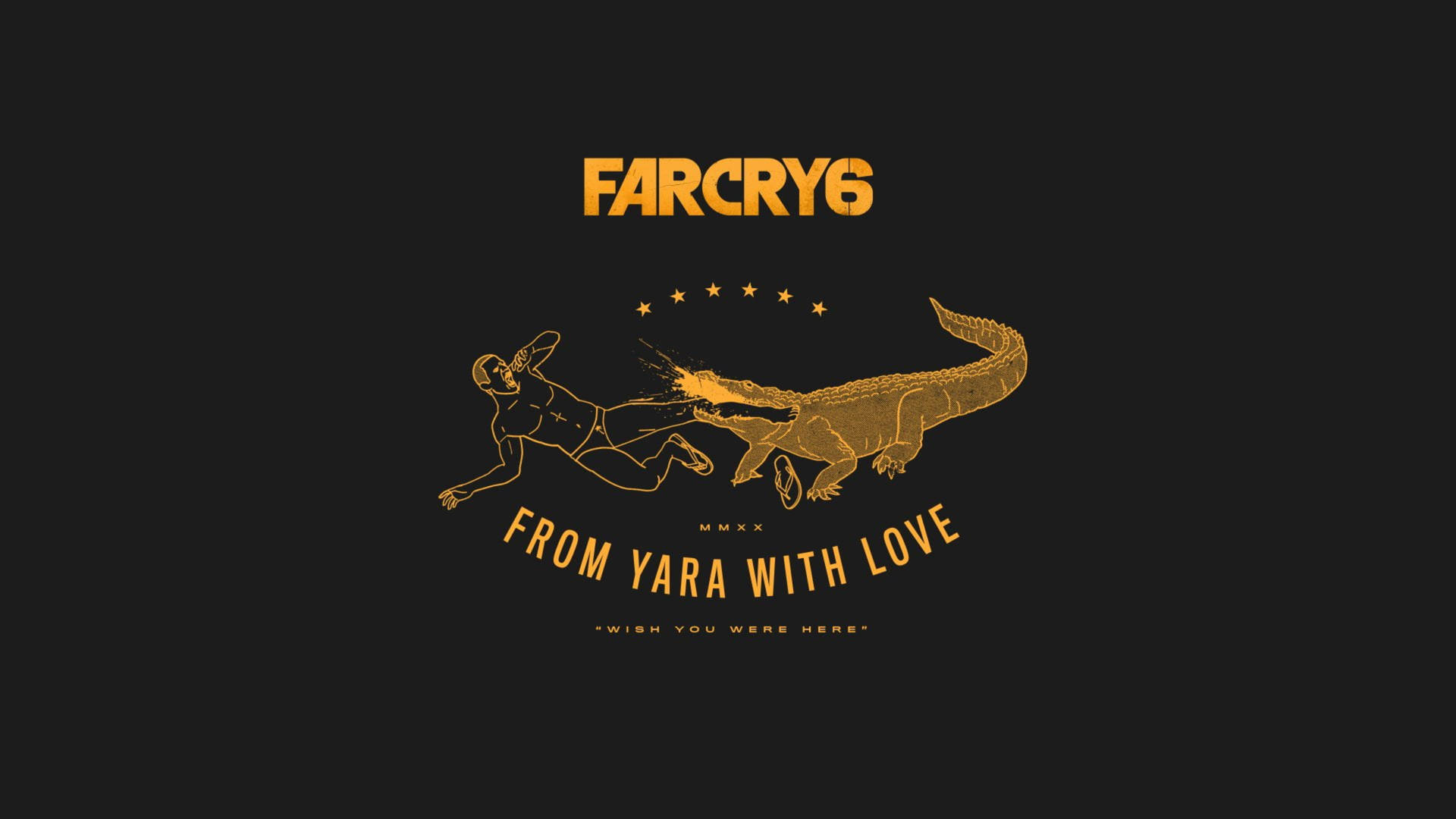 Far Cry 6 標誌，以金色線條藝術呈現一個男人被鱷魚咬住。