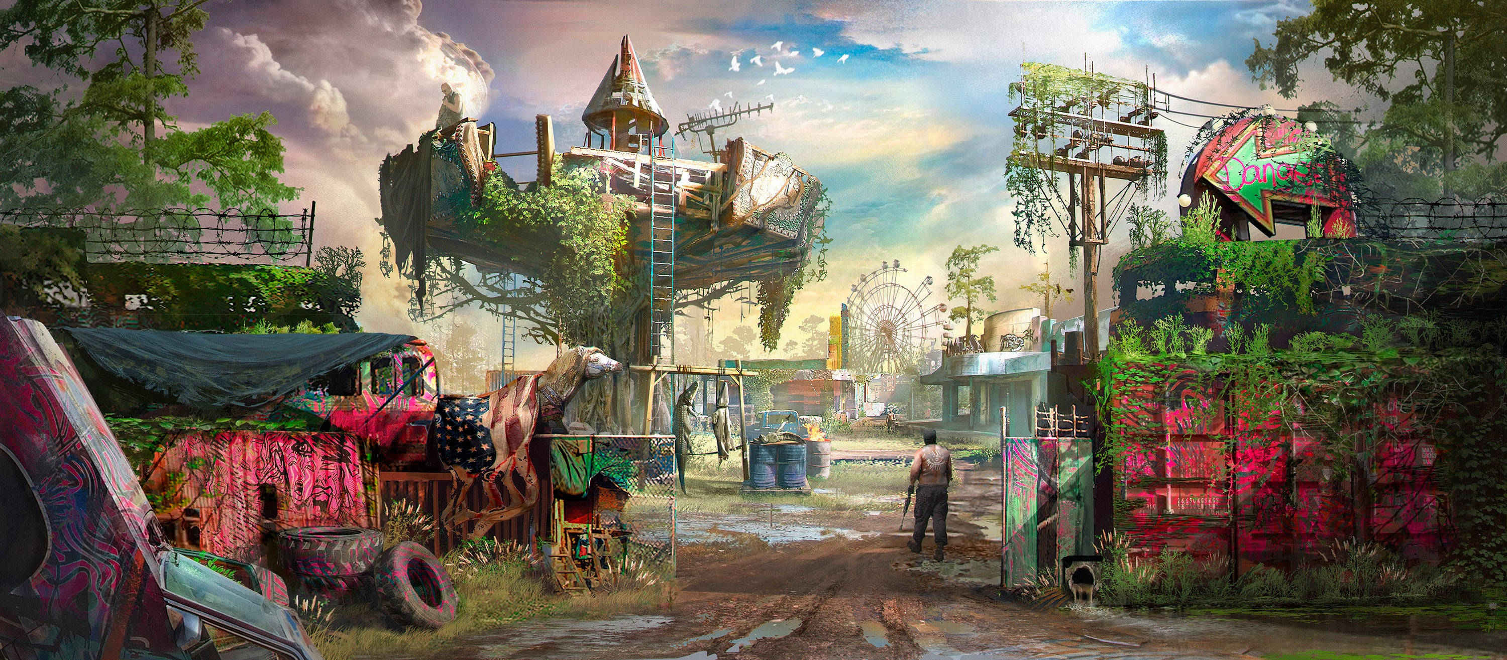 Far Cry New Dawn 遺棄之地 壁紙 — 一個充滿活力的末日後廢車場，有雜草叢生的建築物、塗鴉覆蓋的車輛，以及一個孤獨的身影在陰天泥濘小徑上行走。