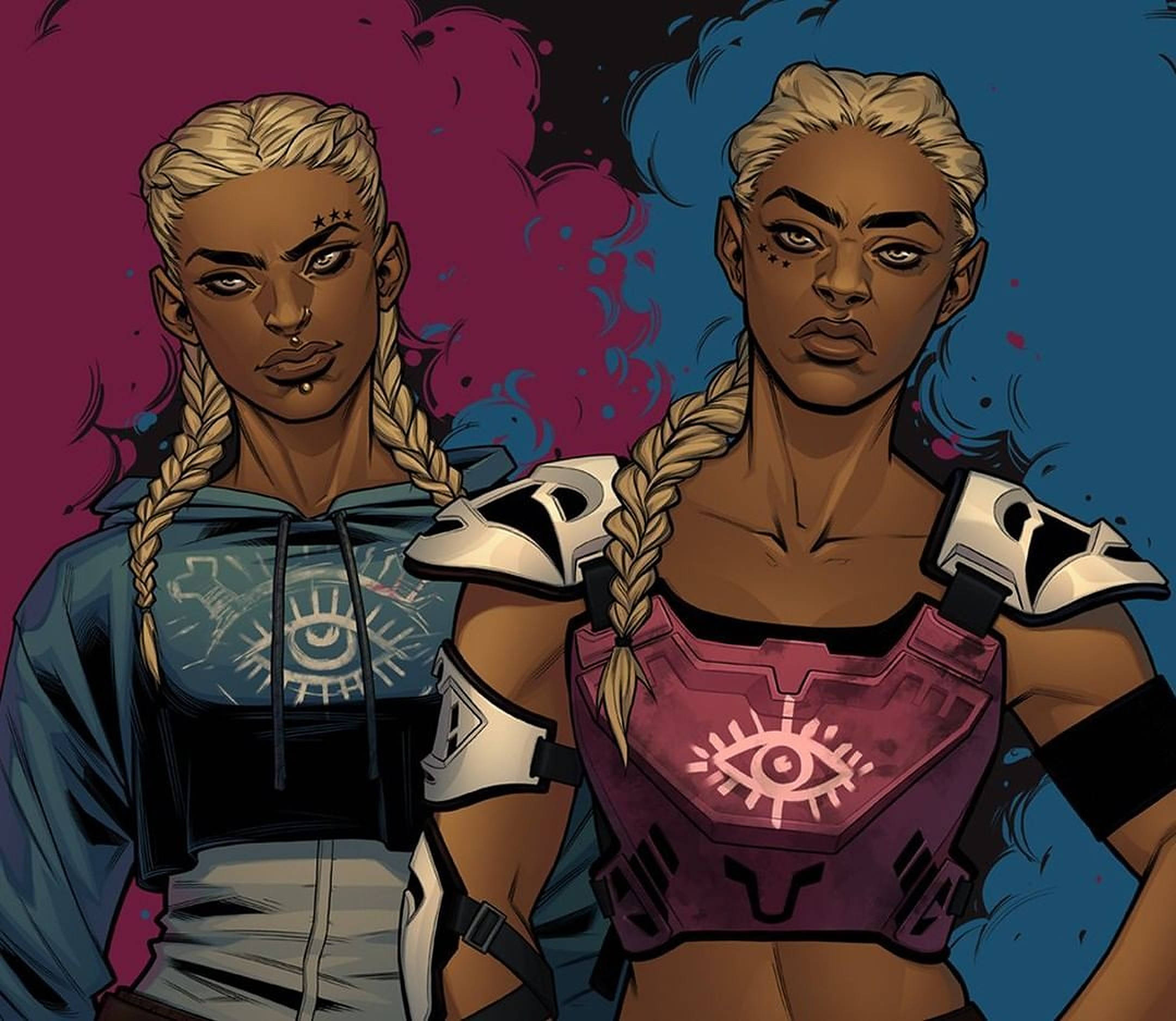 Far Cry New Dawn 双胞胎粉藍風 壁紙 — 兩個兇猛的插圖女性，辮子頭髮和盔甲上的眼睛符號，站在充滿活力的紫色和藍色背景前。