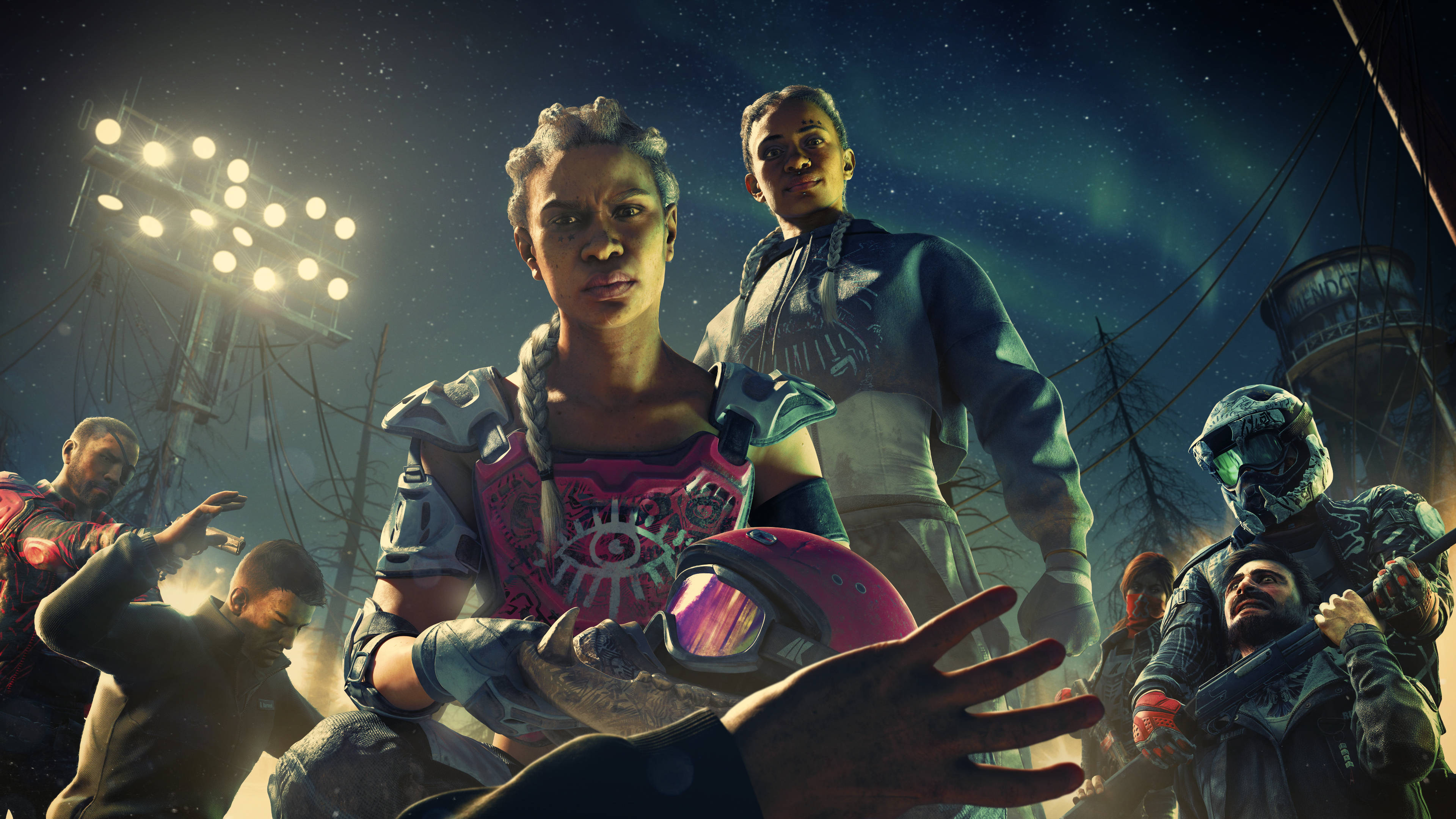 《Far Cry New Dawn》威脅性反派 壁紙 — 一群穿著未來裝備的不同角色站在發光的體育場燈光下，背景是帶有極光的星空夜空。