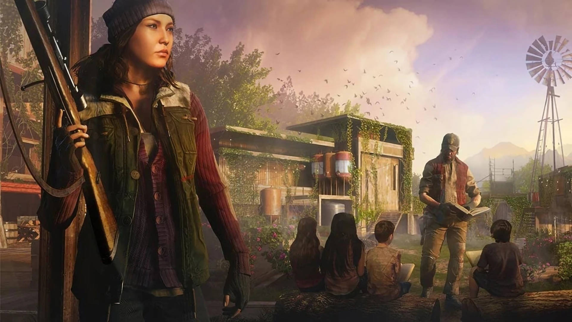 Far Cry New Dawn 孩童倖存者 壁紙 — 一名持步槍的女子站崗，一名男子在陽光明媚、雜草叢生的鄉村院落中，在風車旁為孩子們讀書。