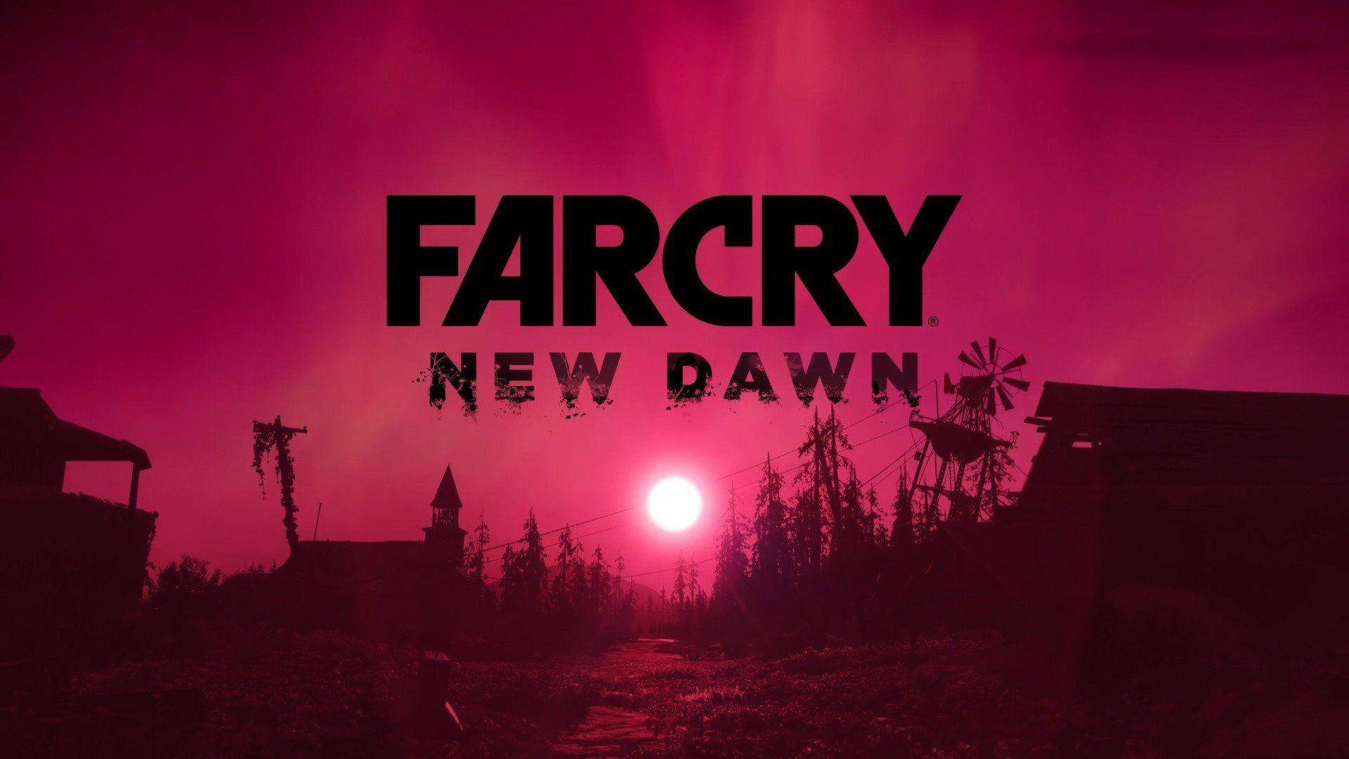 Far Cry New Dawn 粉紅海報 壁紙 — 在《Far Cry New Dawn》標誌下，廢墟村莊上空籠罩著詭異的粉紅色日落，建築物和風車的剪影清晰可見。